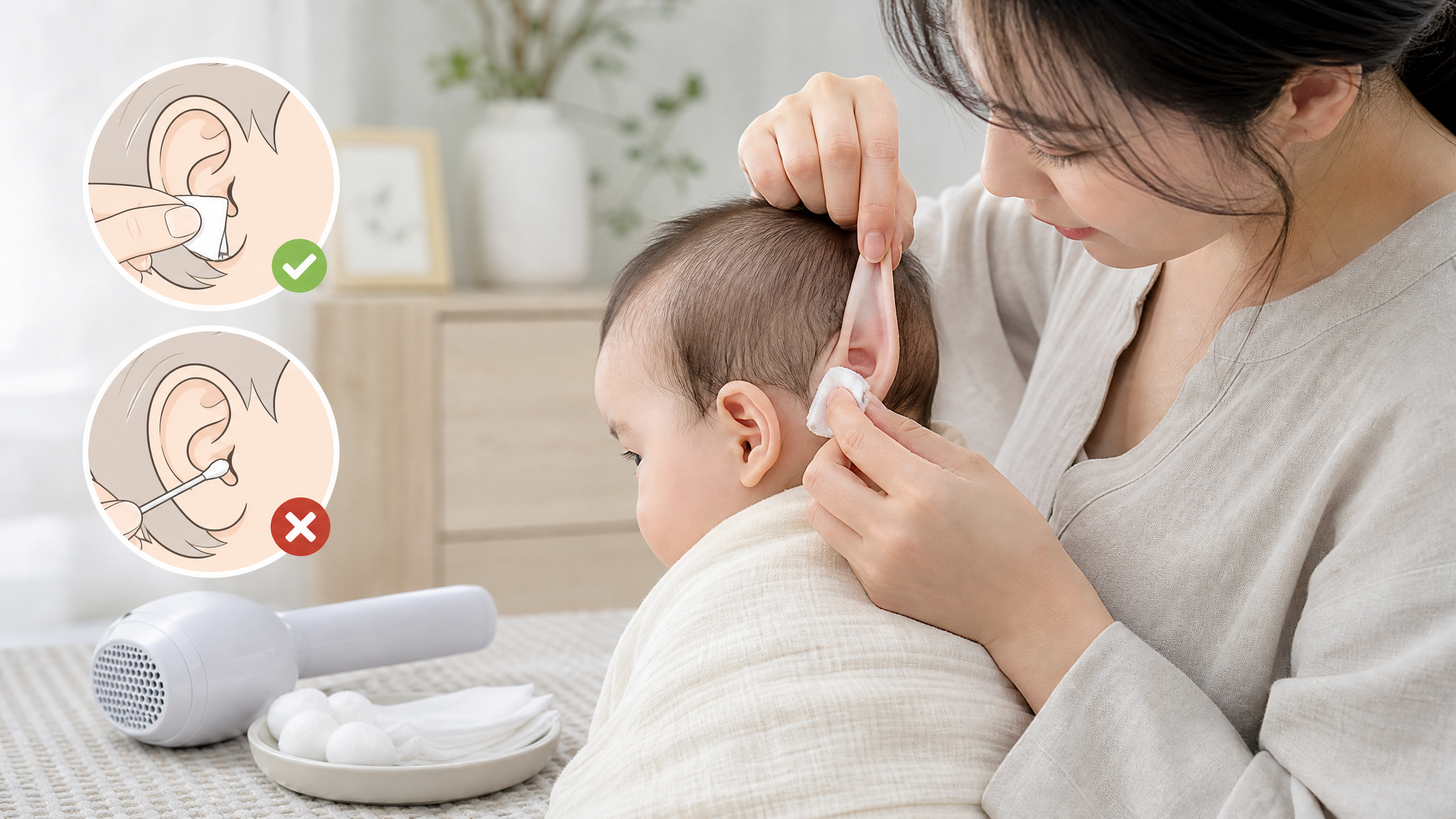 中国年轻妈妈在家中浴室外的干净走廊或卧室，给中国婴幼儿做耳后沟护理示范，妈妈一手轻轻将宝宝耳廓向后上