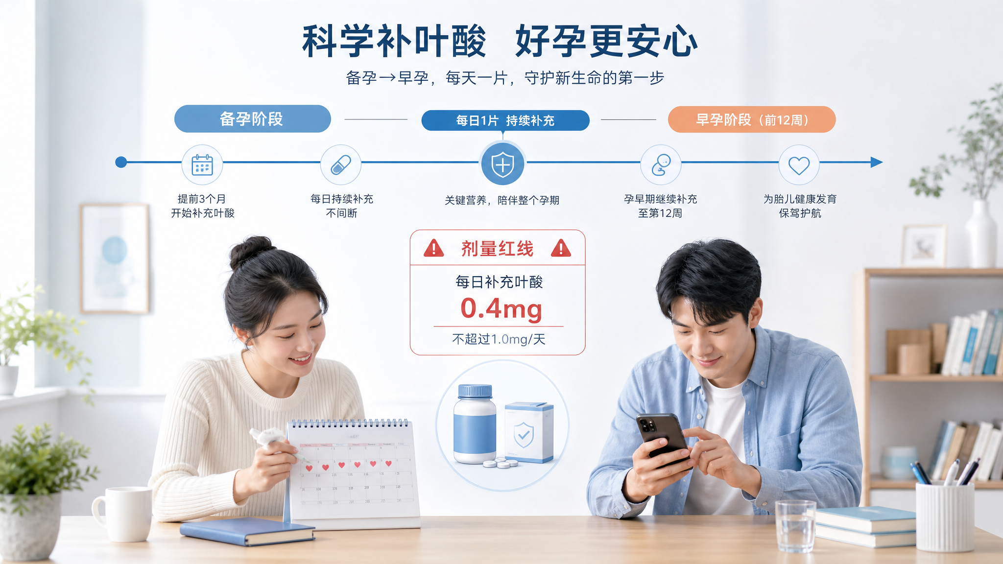 清爽医学科普风信息图海报,画面为“备孕→早孕”时间轴,中间用简洁图标标注每日补充叶酸的持续性与“剂量