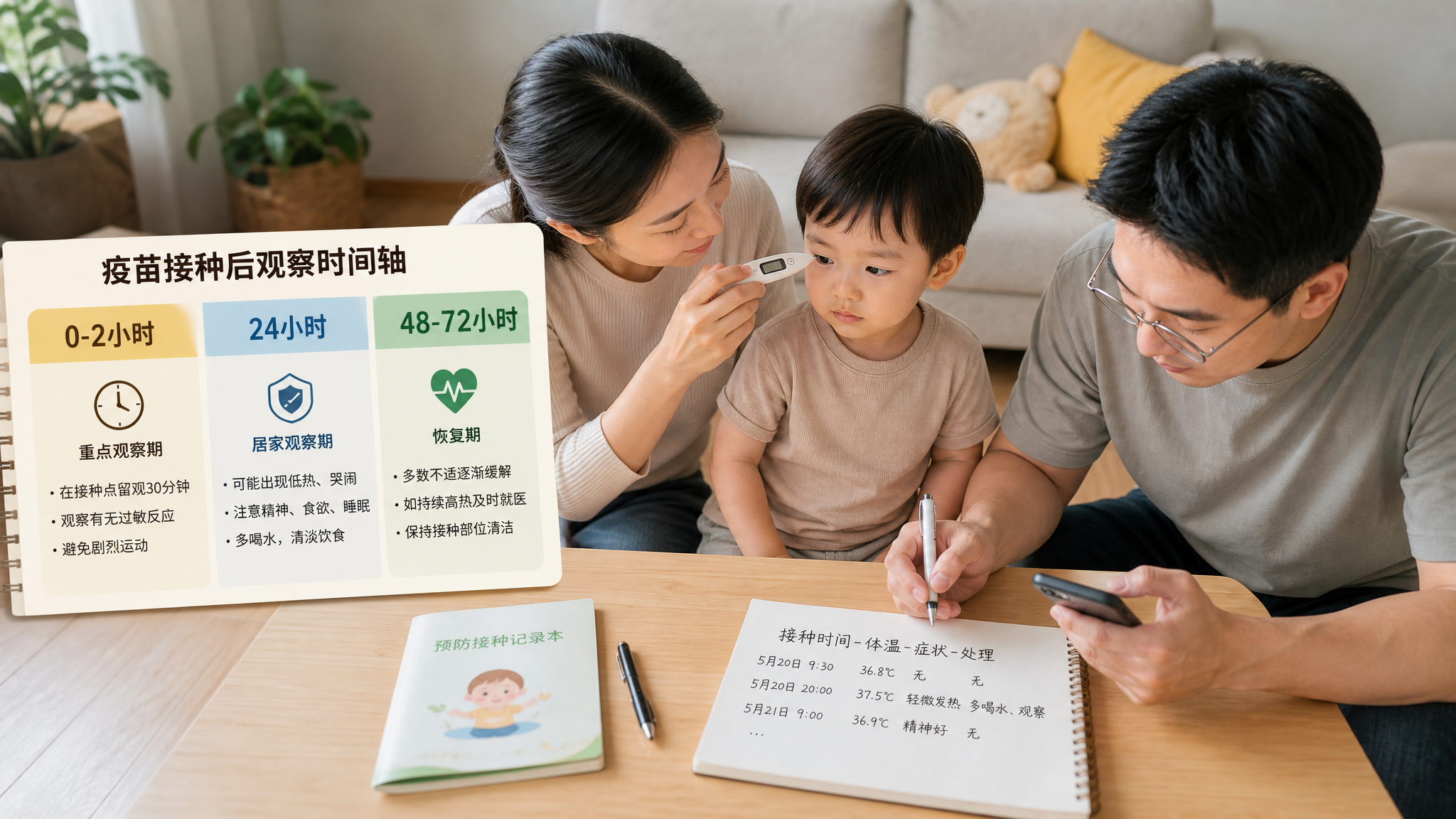 中国年轻父母在家中明亮整洁的客厅里照顾刚接种疫苗的中国幼儿，妈妈拿着电子体温计给孩子测温，爸爸在手机