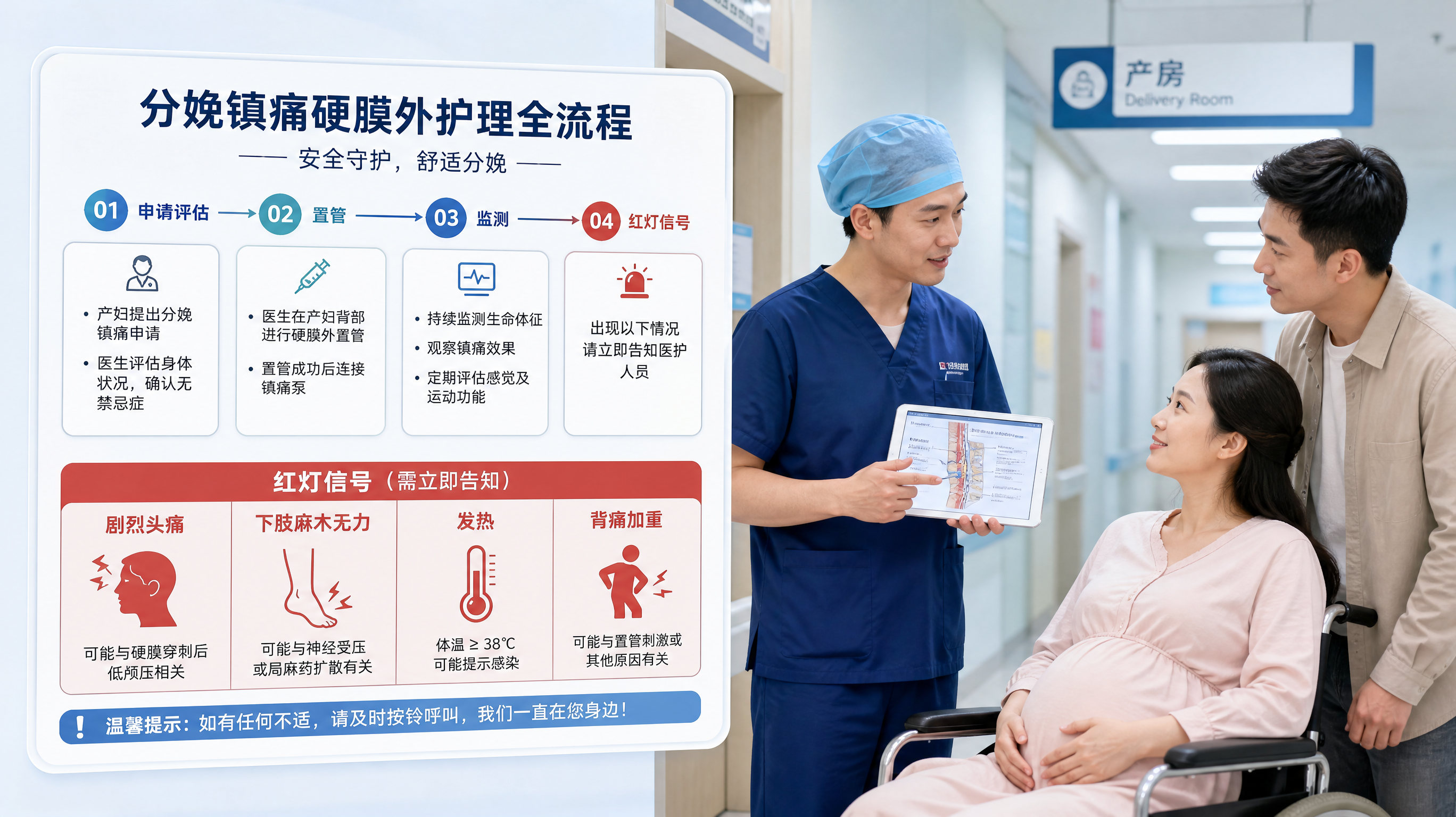 一张信息图风格的健康科普配图，场景为医院产房走廊的柔和背景虚化，前景是一块清晰的时间轴科普板，展示“