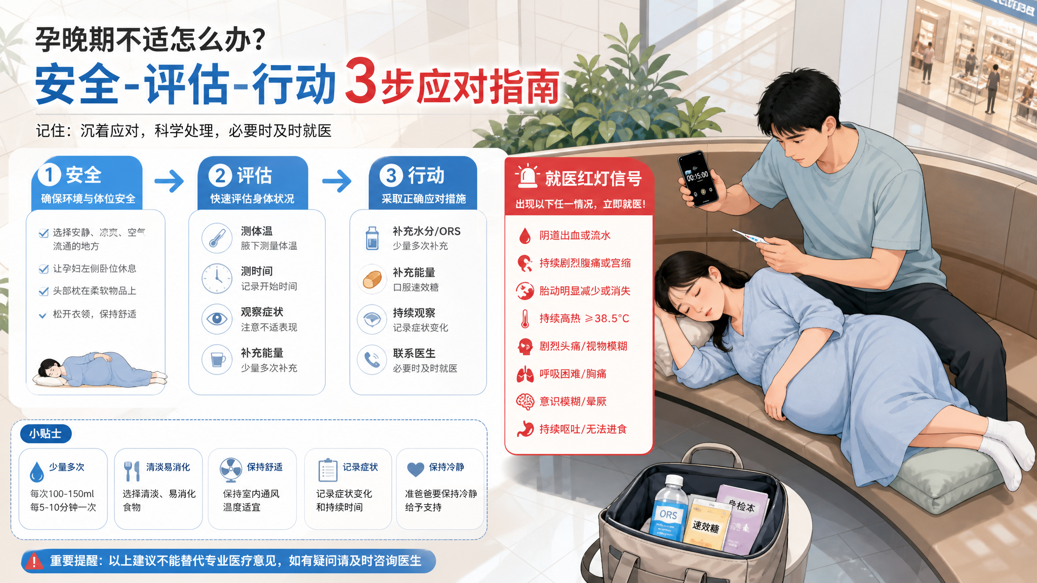 信息图海报风格，场景为夏季商场或室内公共空间的休息区，中国年轻准爸爸扶着孕晚期中国孕妇在长椅旁进行应