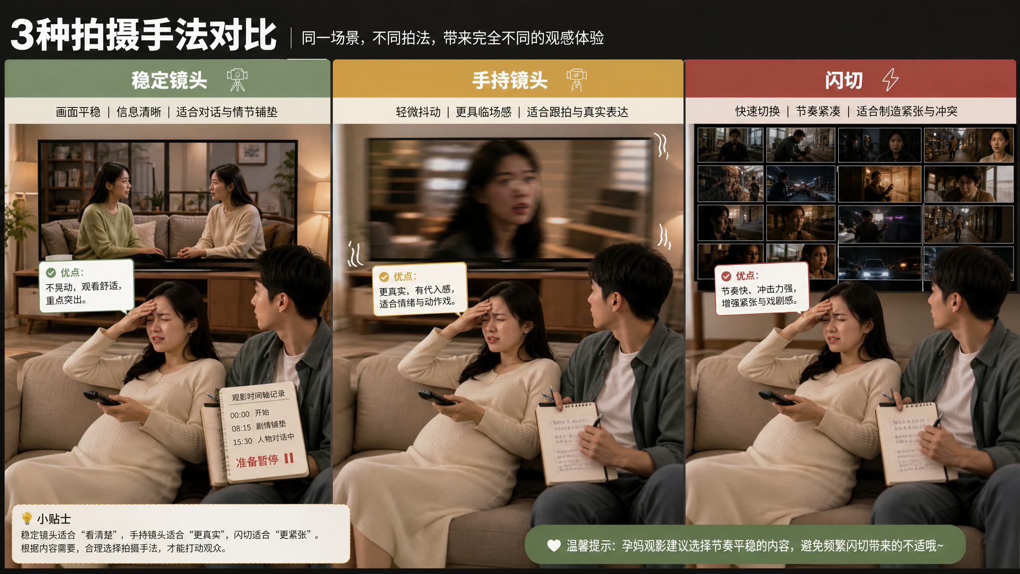 影视分镜对比海报风格画面，在同一张图中做三栏对比：左栏“稳定镜头”显示客厅里电视画面平稳、人物对话的