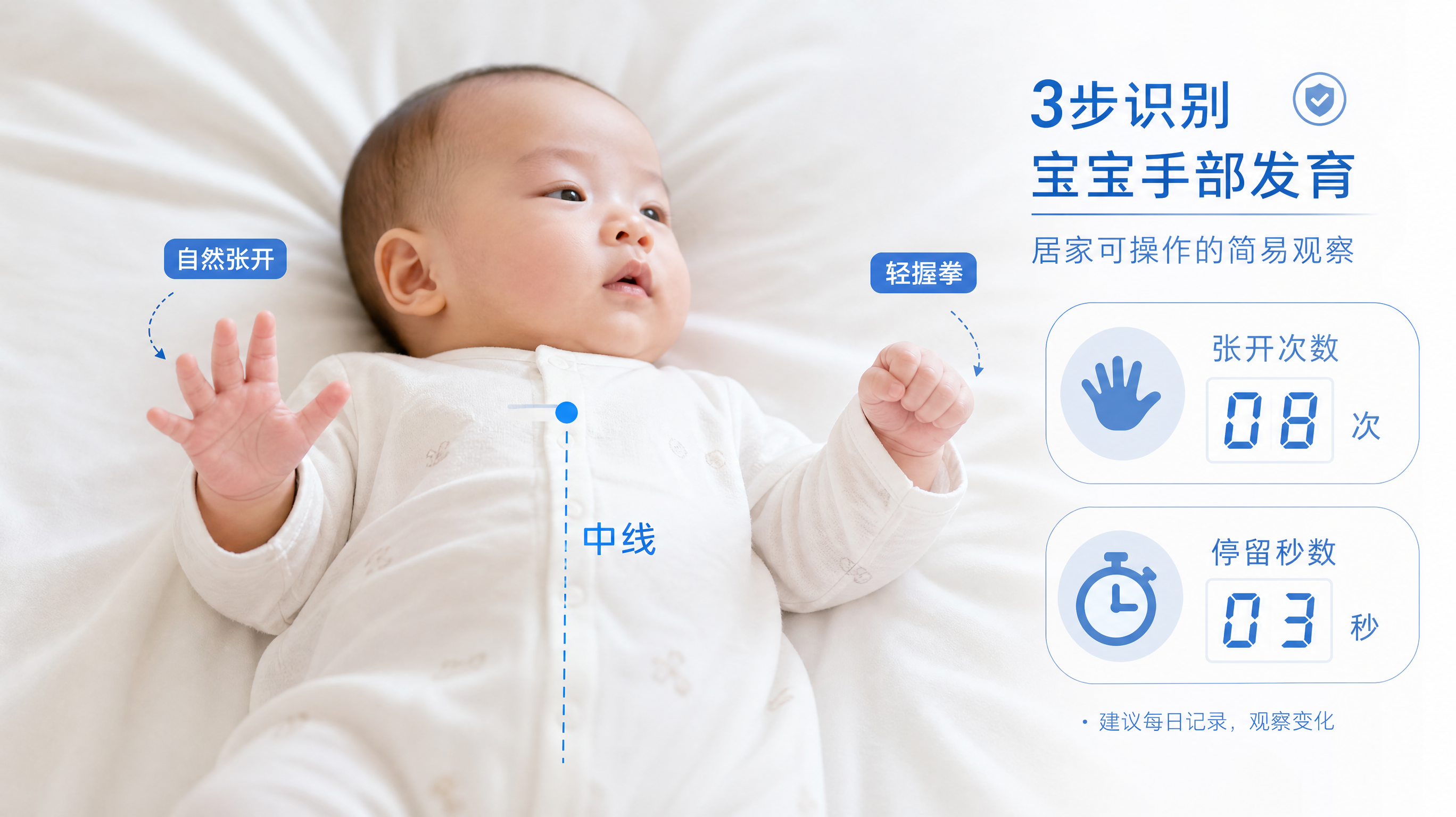 中国年轻父母在家中明亮整洁的卧室或客厅里，宝宝（中国婴儿，约2-4个月）穿轻薄连体衣平躺在柔软床上，