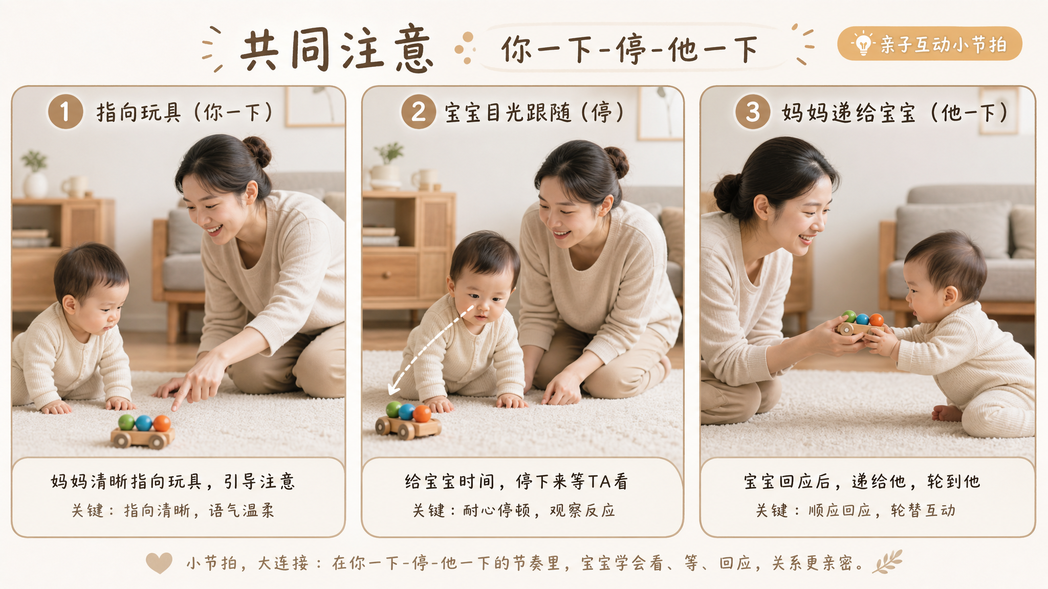 中国年轻妈妈与中国婴儿在家中客厅地毯上做亲子互动游戏，画面分镜式构图（四格或三格），核心主体展示“指