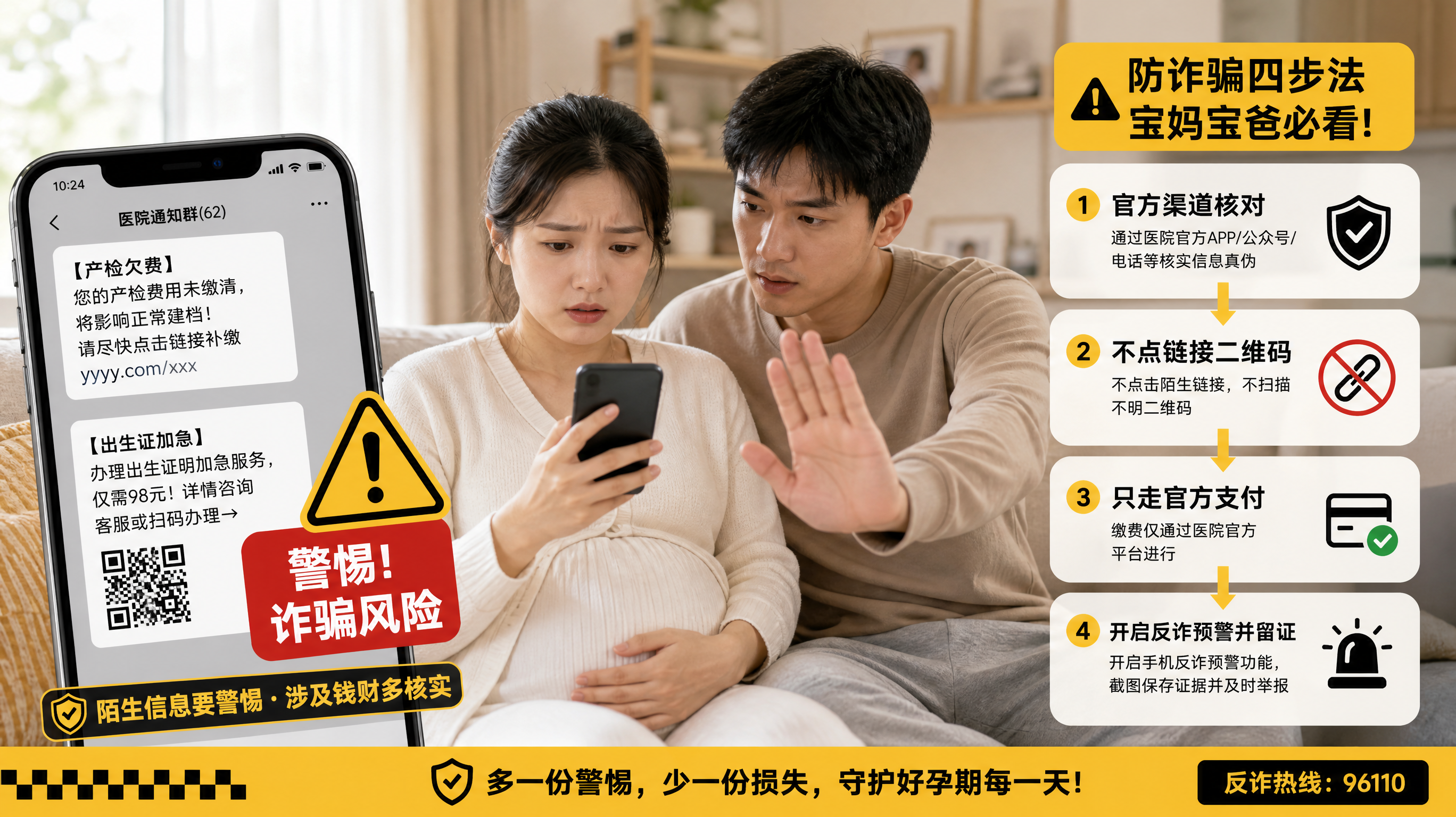 中国年轻孕妇坐在家中客厅沙发上，手拿手机看到“产检欠费/出生证加急”的聊天气泡信息，旁边中国年轻爸爸