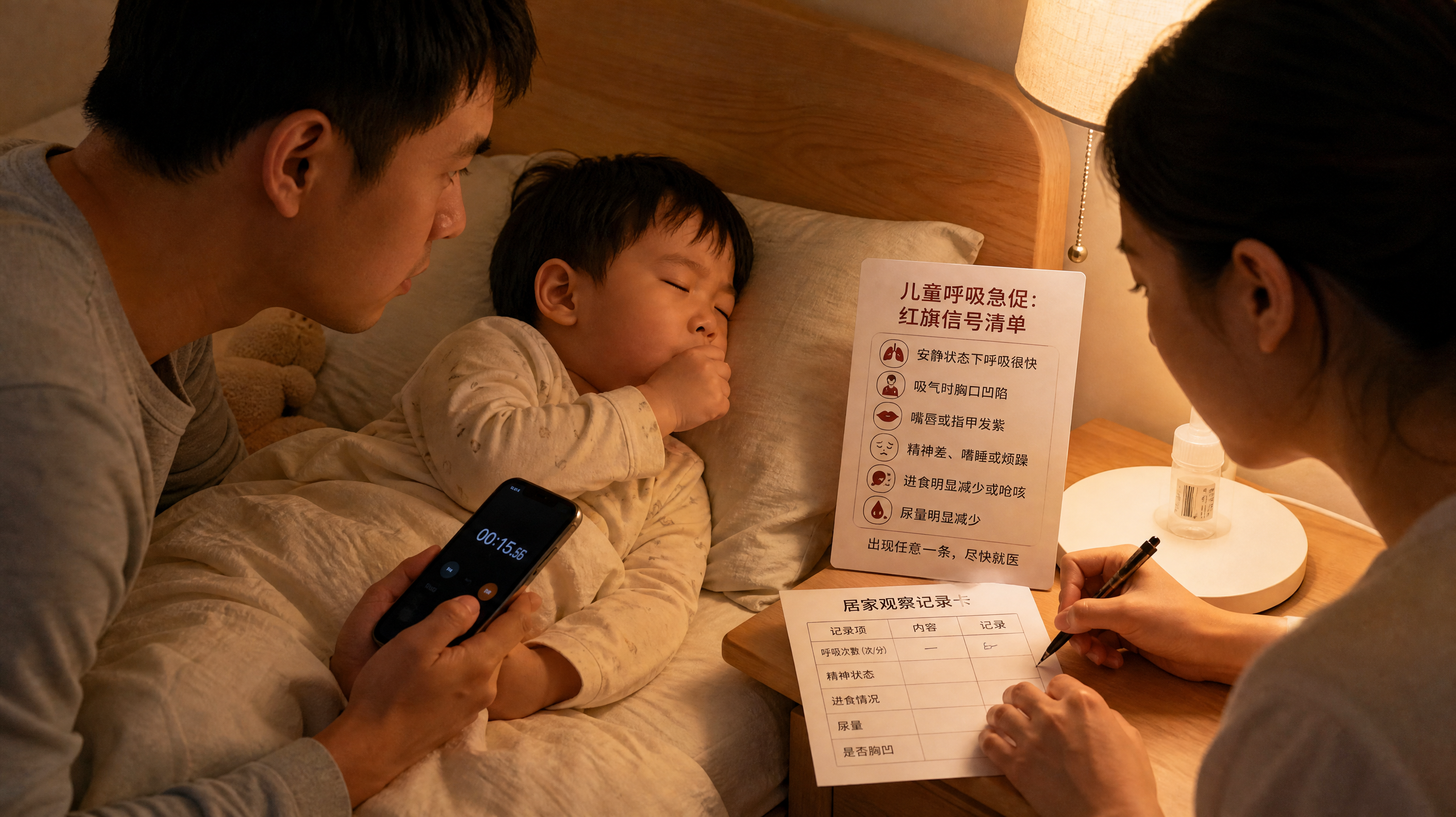 中国年轻父母在夜间卧室里照看一位1-3岁中国幼儿咳嗽，爸爸拿着手机计时器在孩子安静状态下数呼吸，妈妈