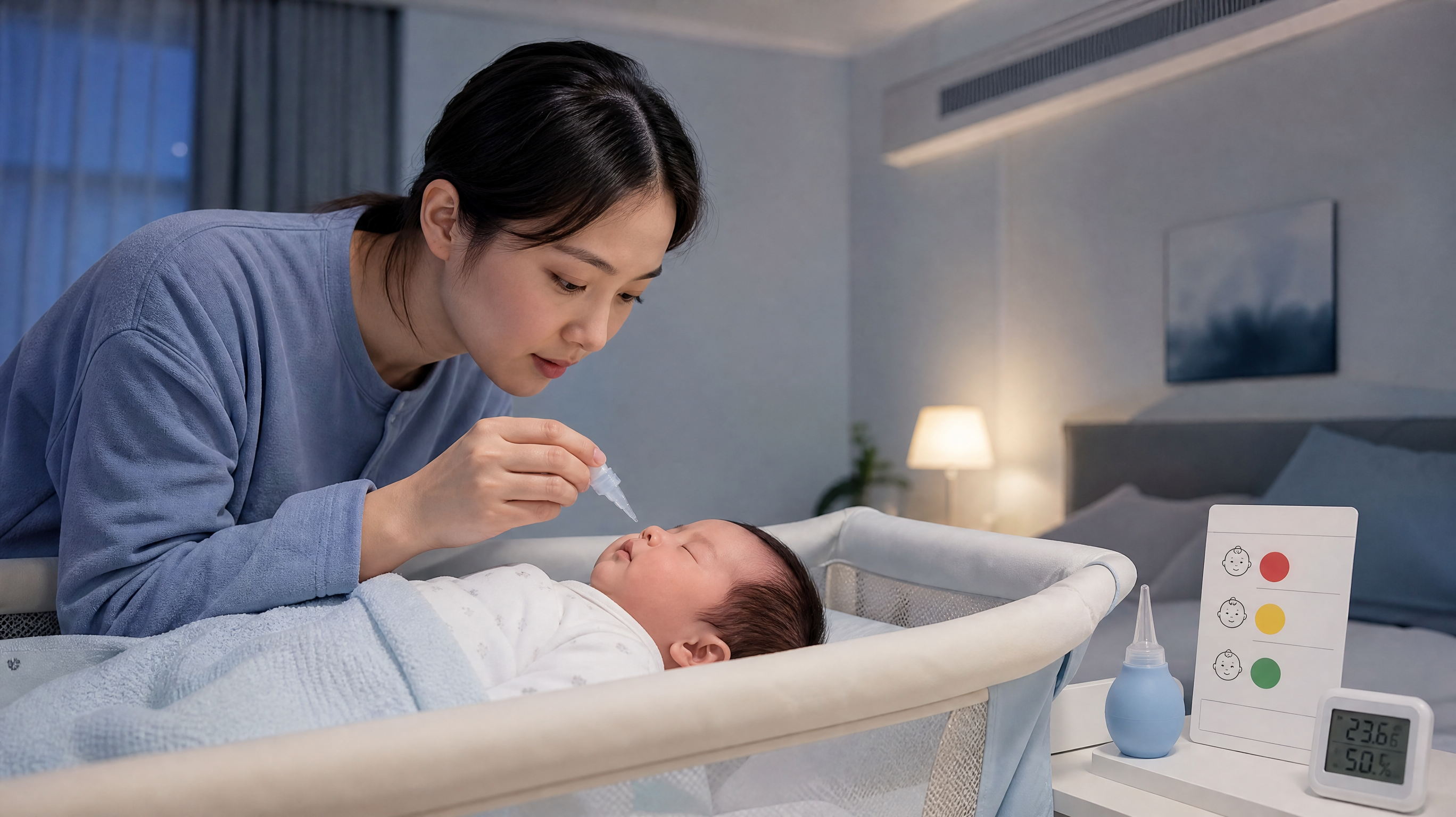 中国年轻妈妈在卧室内夜间护理新生儿，中国新生儿躺在安全的婴儿床里，妈妈一手拿生理盐水滴管在宝宝鼻孔旁