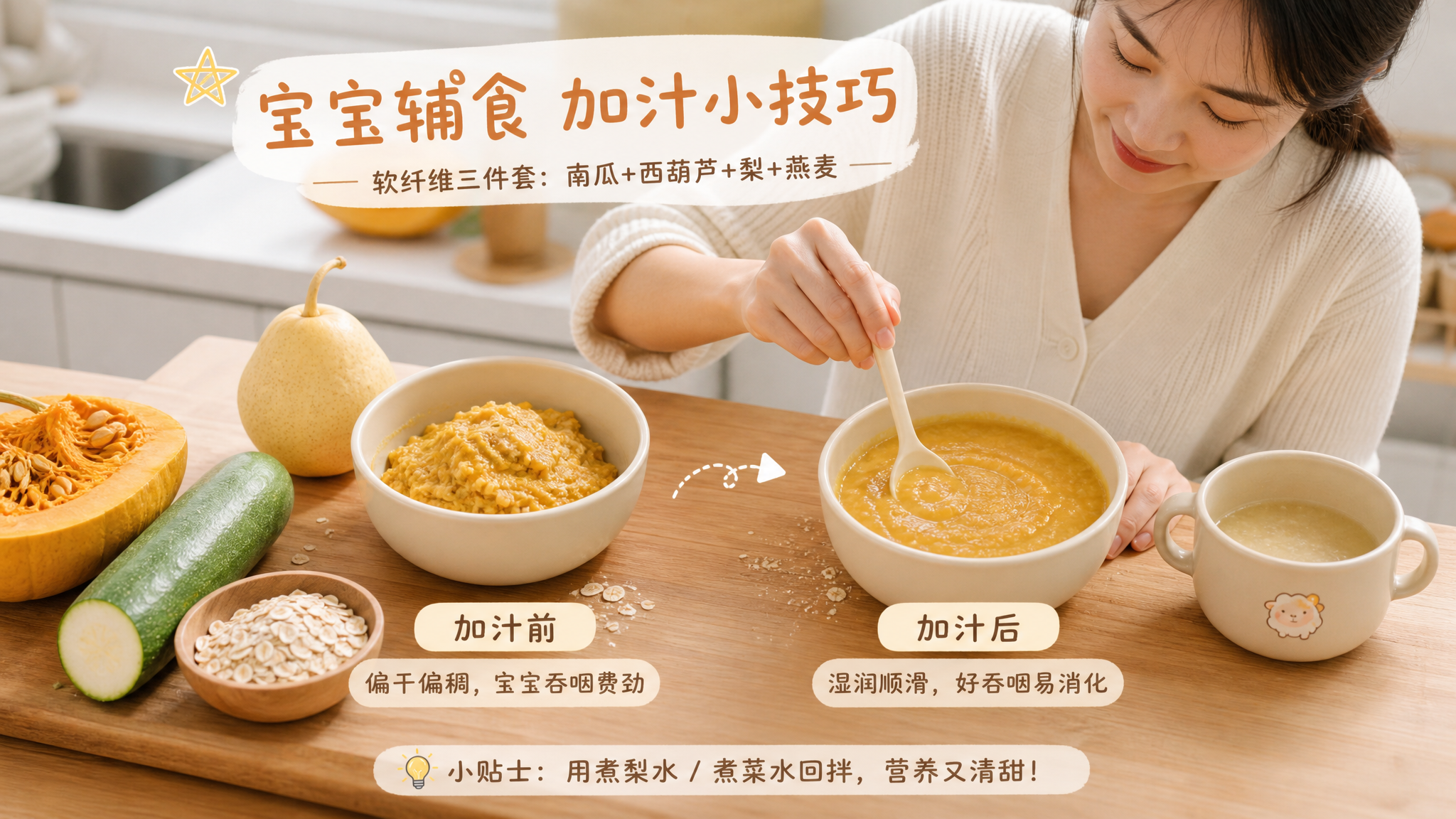中国年轻妈妈在家庭厨房操作辅食,对比同一碗宝宝辅食“加汁前后”的效果展示;左边是一碗偏干、偏稠的南瓜