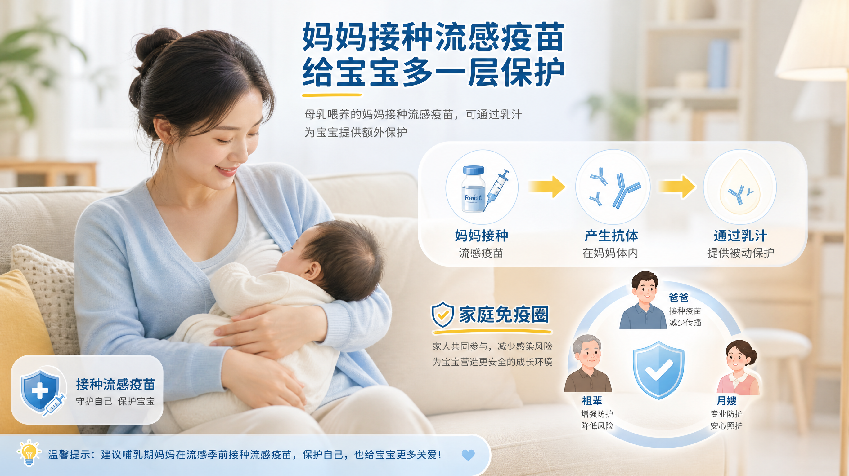 医学科普信息图风格画面，中国年轻哺乳期妈妈坐在温馨整洁的家中沙发上怀抱中国婴儿，旁边以简洁图形示意“