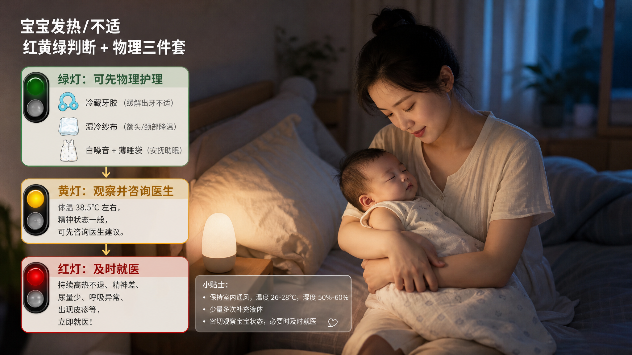 中国年轻妈妈在夜间卧室中安抚一位中国婴儿，婴儿穿薄睡袋被轻抱在怀里，床头小夜灯微亮，画面左侧以信息图