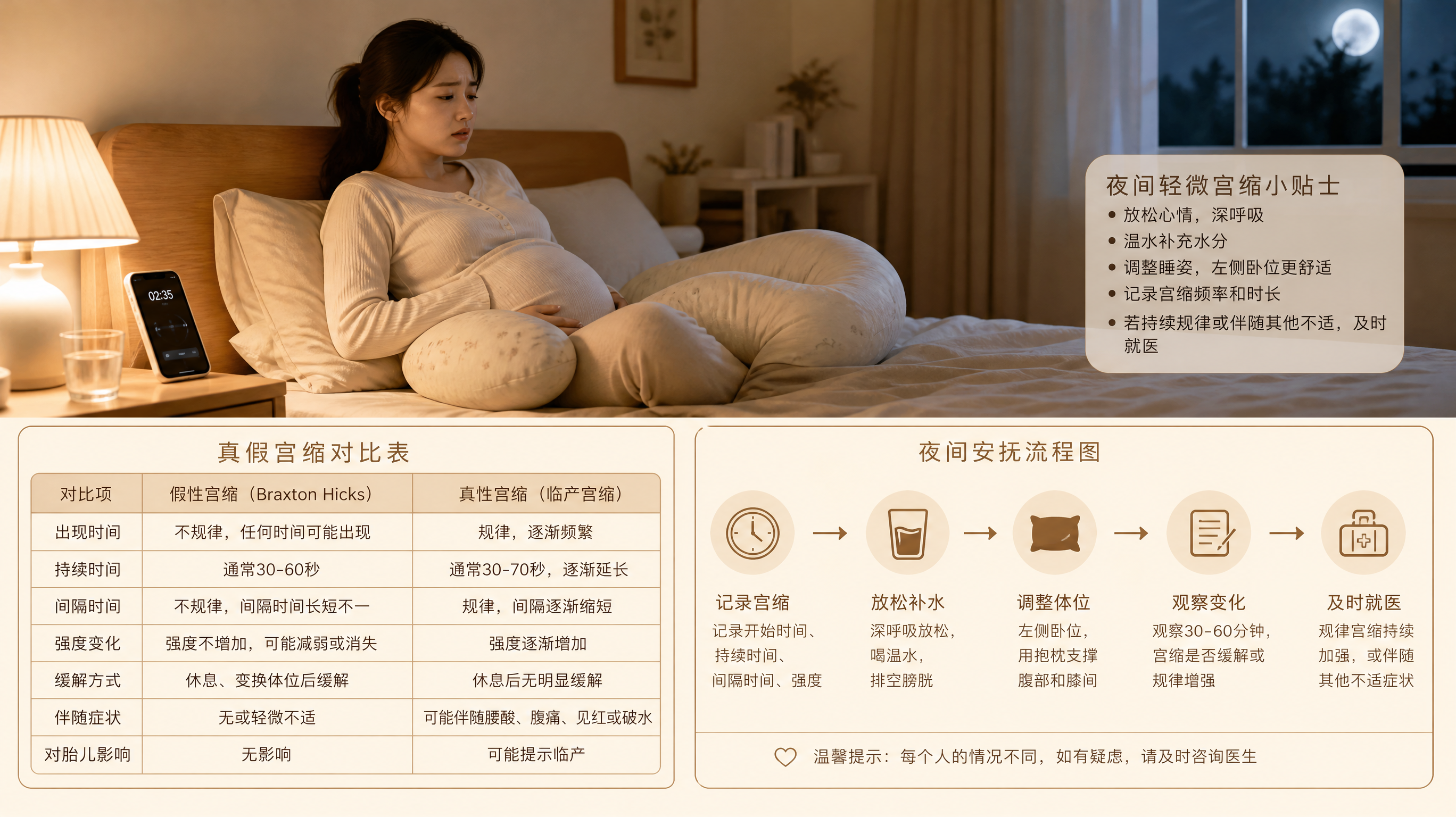 中国孕晚期年轻准妈妈在卧室夜间被轻微宫缩惊醒，坐起靠在床头，身旁有抱枕支撑腹部与膝间，床头柜放着温水