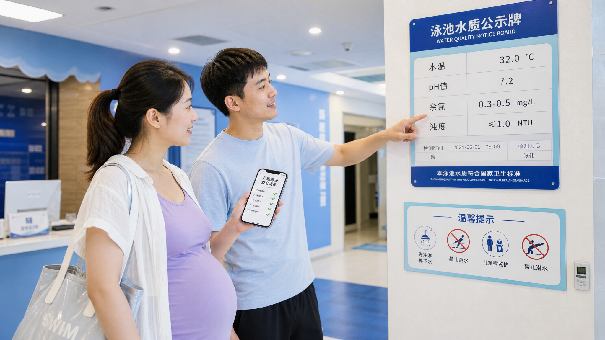 中国年轻孕妈在室内正规游泳馆前台区域，手里拿着手机对照“孕期游泳安全清单”，旁边中国年轻准爸爸指向墙