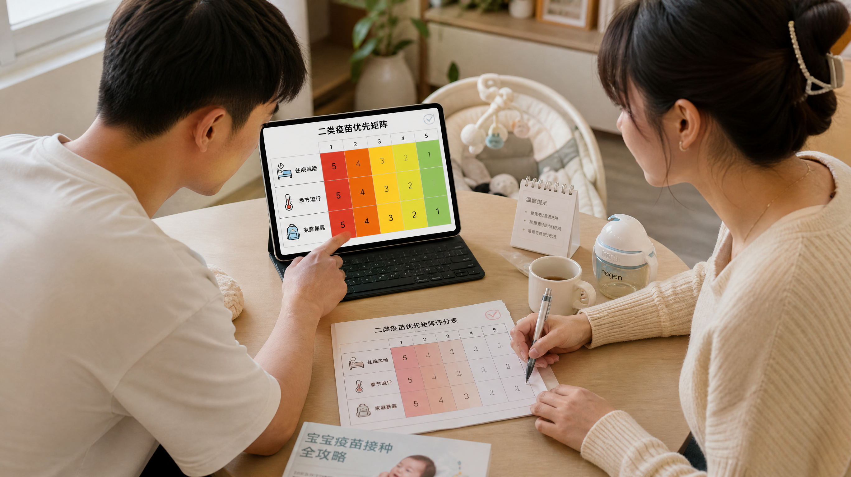 中国年轻父母在家中餐桌前一起制定宝宝疫苗计划,桌面有笔记本电脑/平板显示“二类疫苗优先矩阵”热力图表