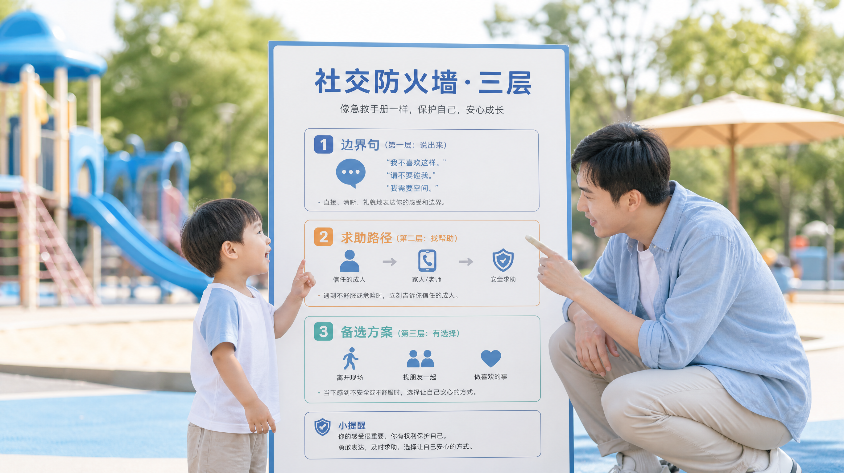 中国游乐场场景，画面中心是一张干净的“社交防火墙三层”信息图海报（边界句、求助路径、备选方案三层结构