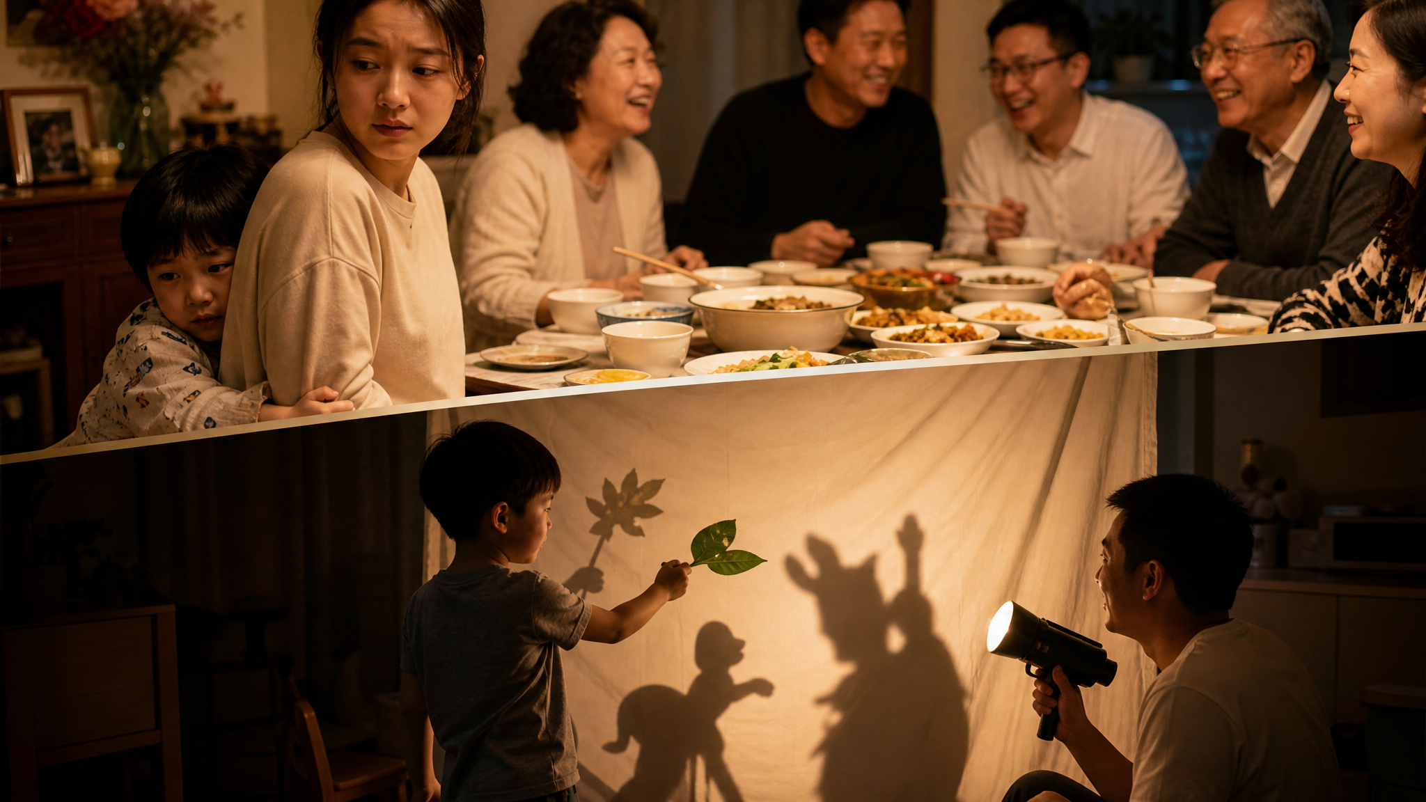 中国家庭端午聚餐场景与家庭影子剧场的对比同框构图，上半部分为热闹饭桌旁亲戚围坐说笑，3-6岁中国小孩