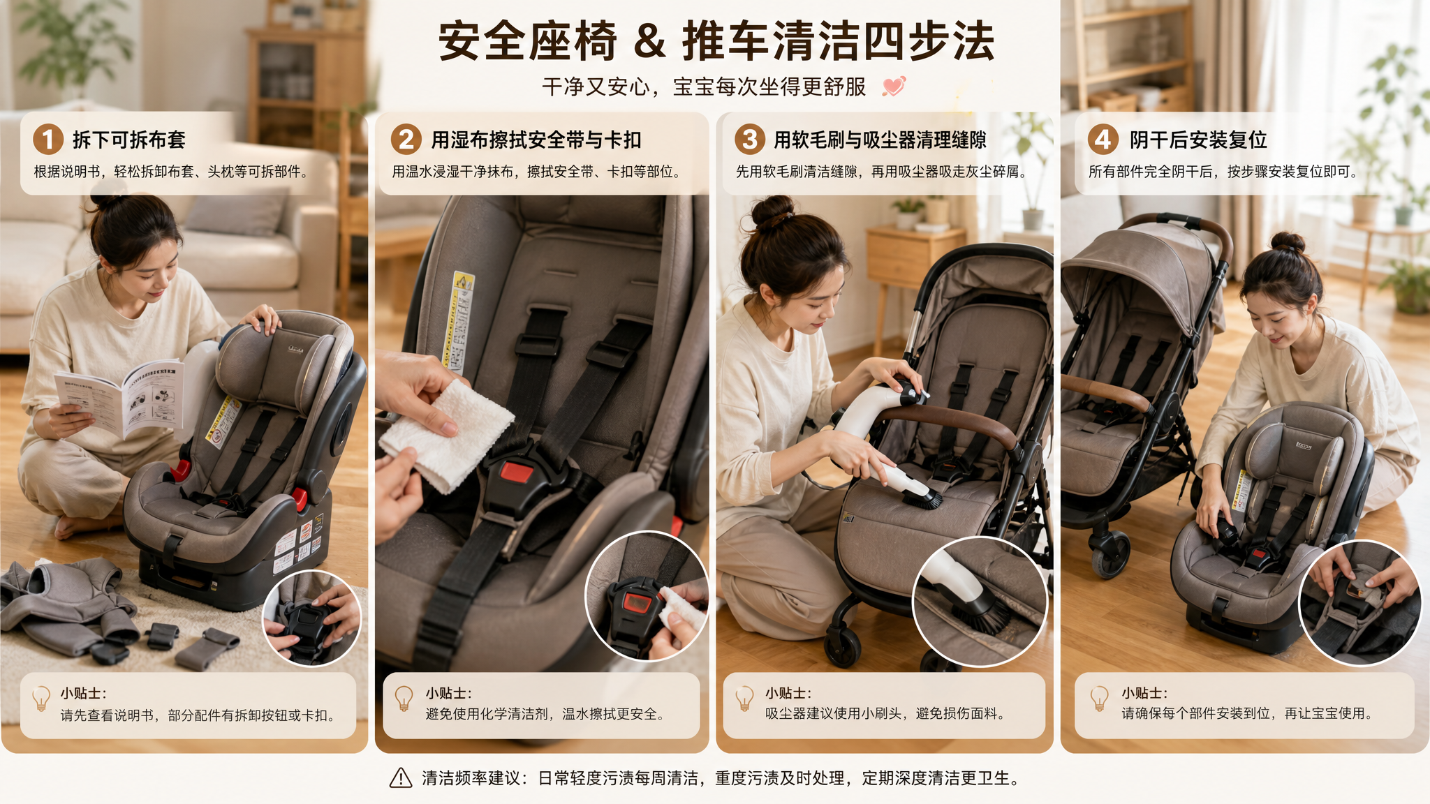 竖版信息图风格画面,中国年轻妈妈在家中明亮整洁的客厅地板上清洁儿童安全座椅与婴儿推车,妈妈一边查看说