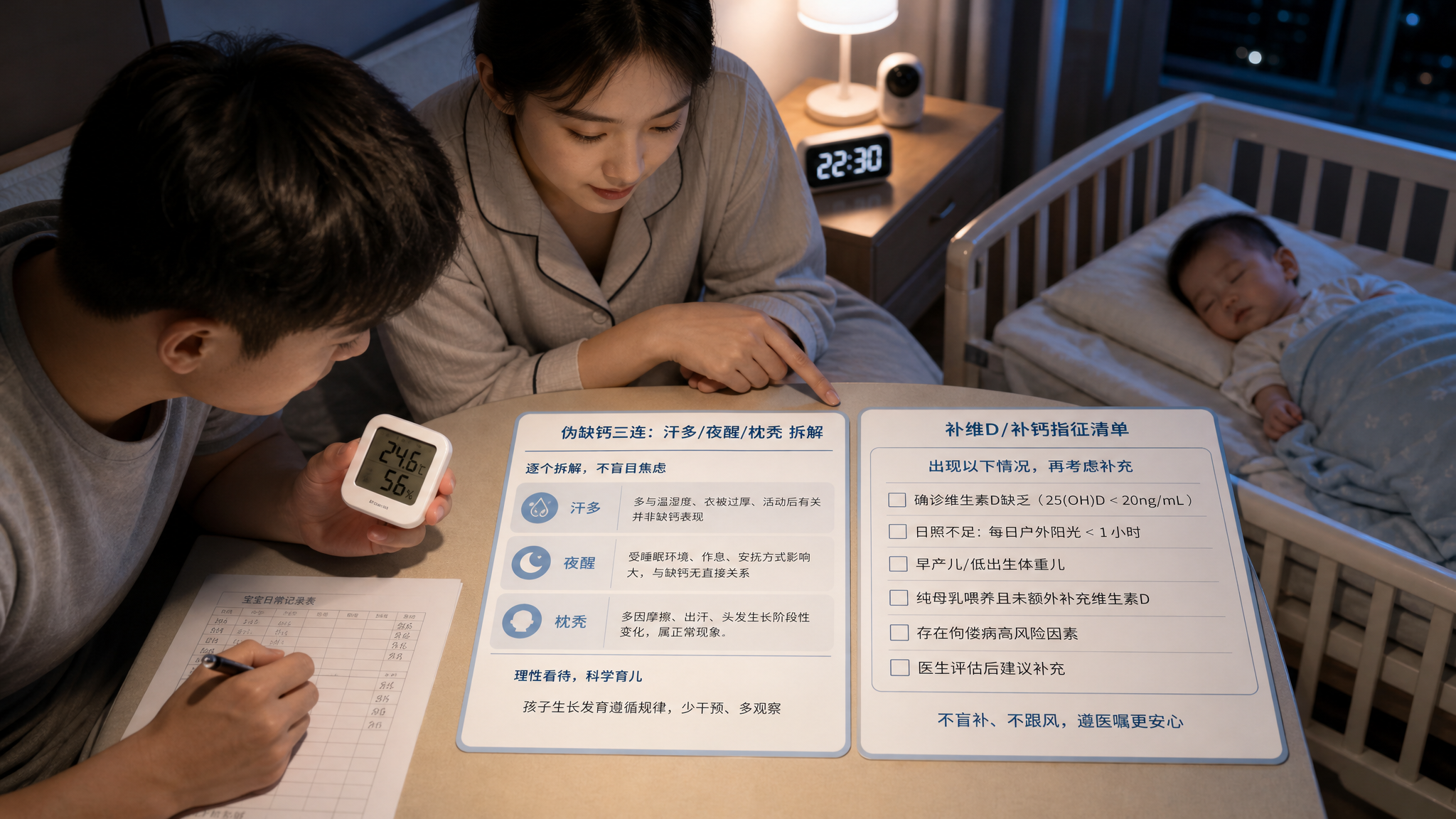 冷色系医学科普风信息海报场景，中国年轻父母在家中卧室查看一张育儿检查清单，旁边有中国婴儿在婴儿床里安
