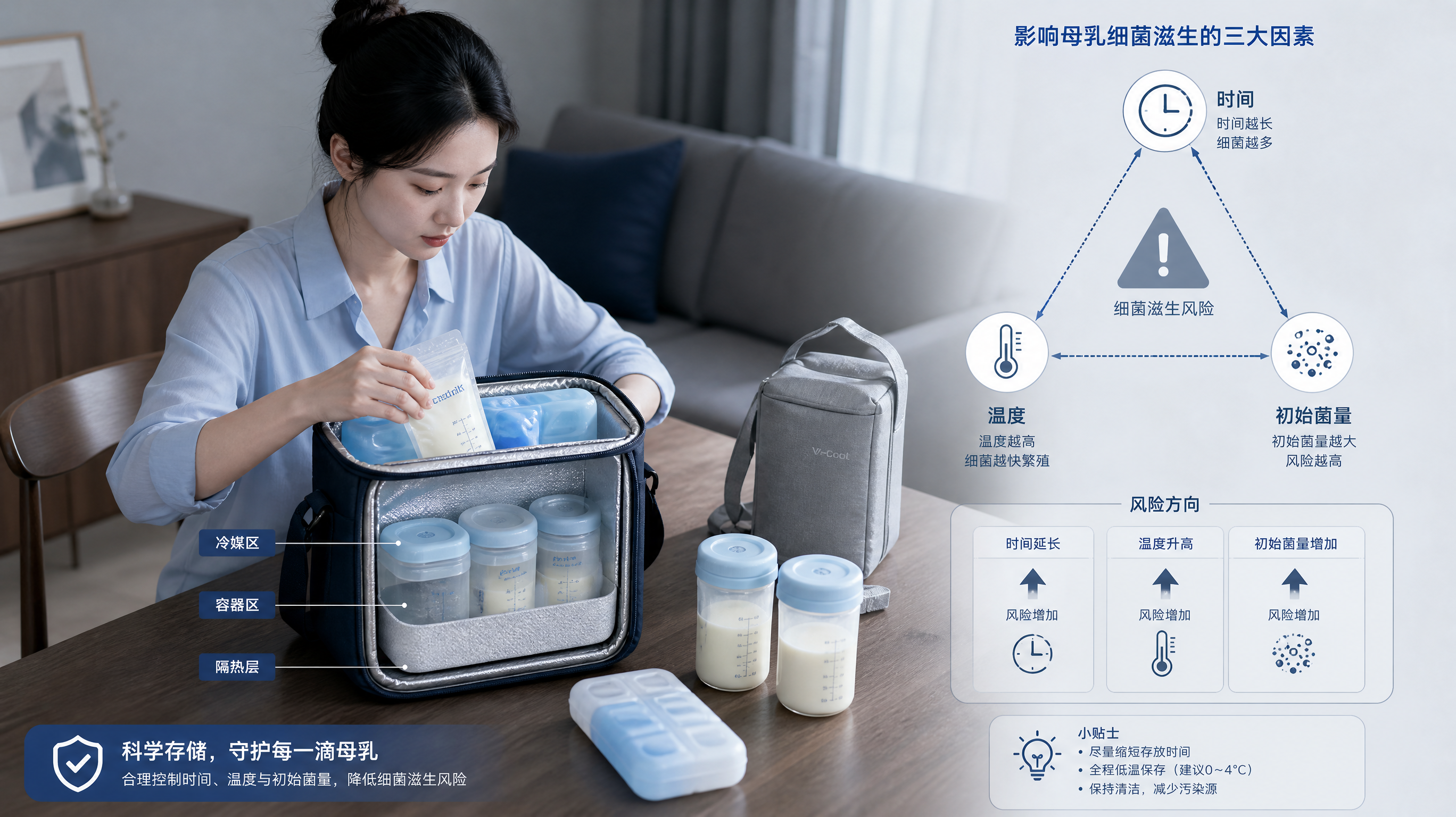 冷色系工程风信息图场景，一位中国年轻职场妈妈在家中餐桌旁整理背奶包，旁边摆放母乳储存容器、冷媒、保温