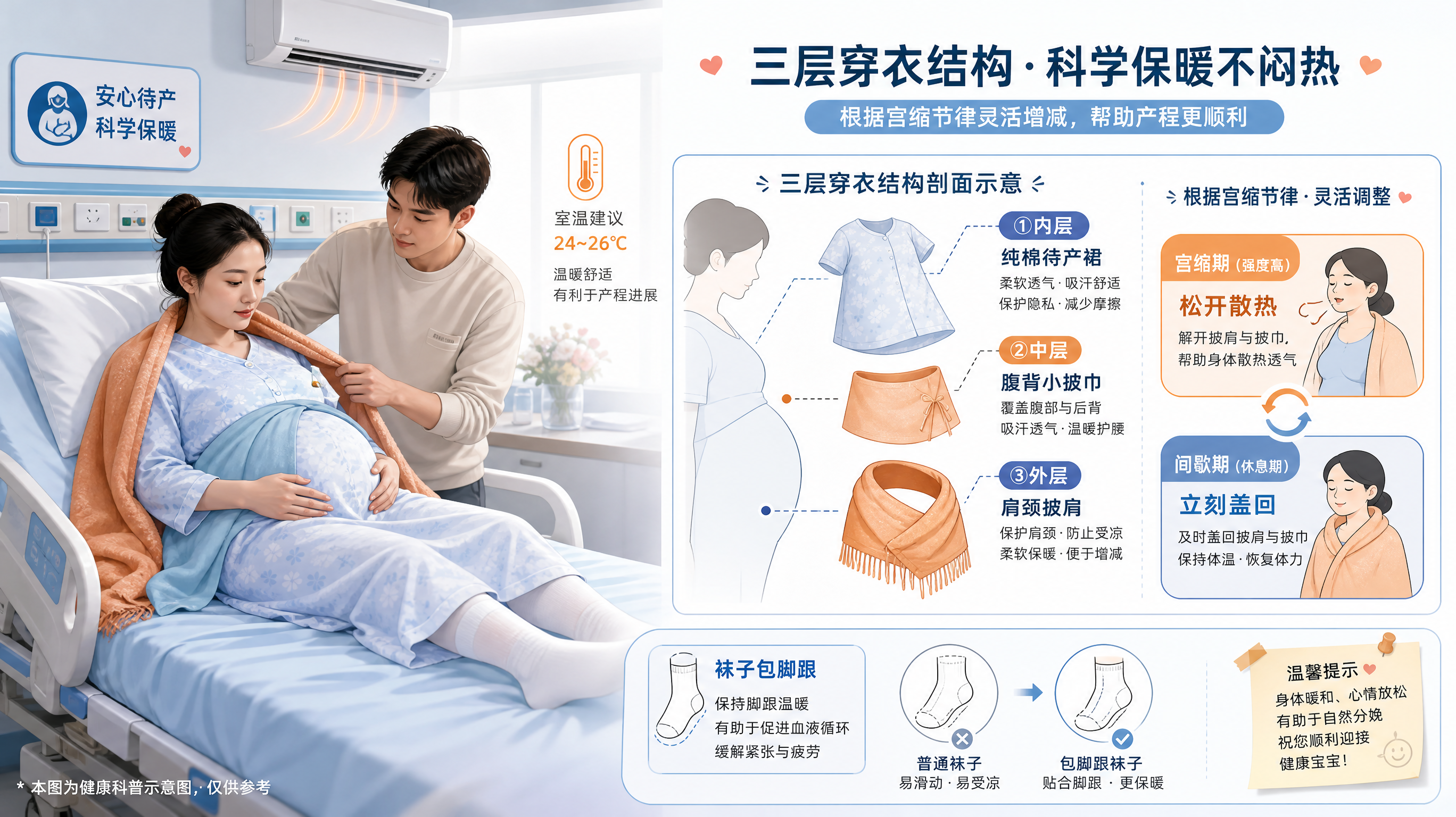 中国产房待产场景插画信息图，一位中国孕妇在待产床上半卧位，表情专注平静，旁边中国年轻丈夫/家属协助整