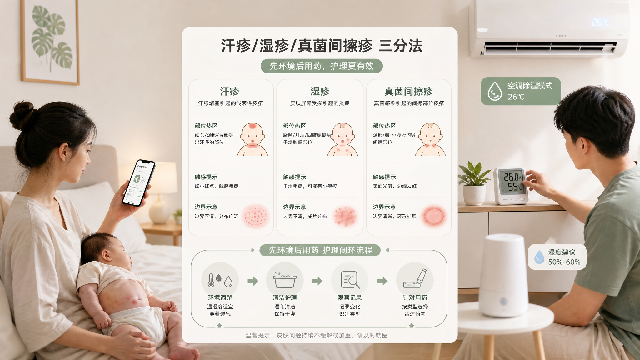 中国年轻父母在卧室/客厅一角为中国婴儿做皮疹护理科普场景,妈妈拿着手机对比一张“汗疹/湿疹/真菌间擦
