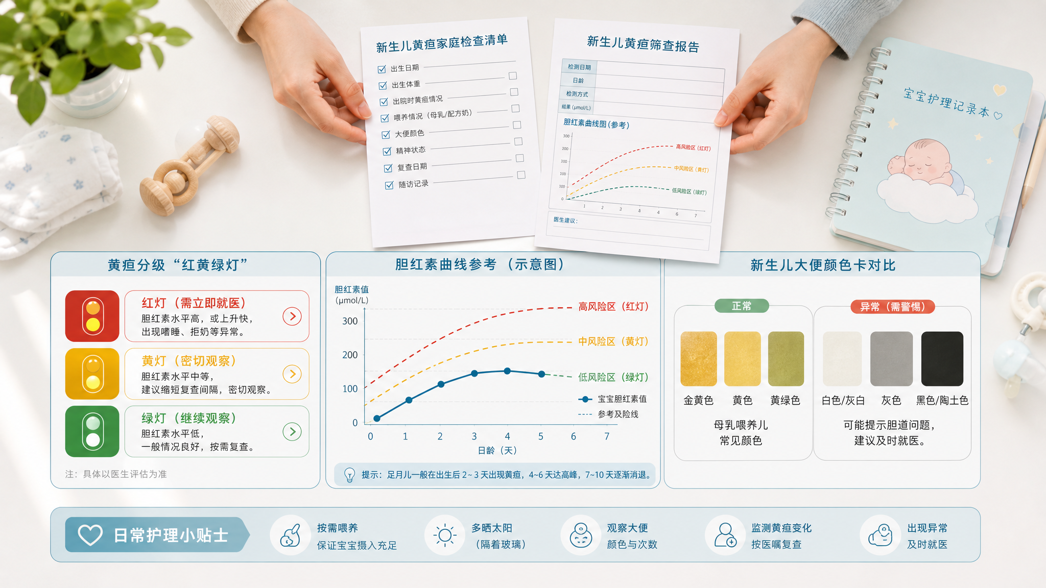 低饱和医学湖蓝风格的信息图海报，画面主体为“红黄绿灯”分级卡片+简化胆红素曲线示意+新生儿大便颜色卡