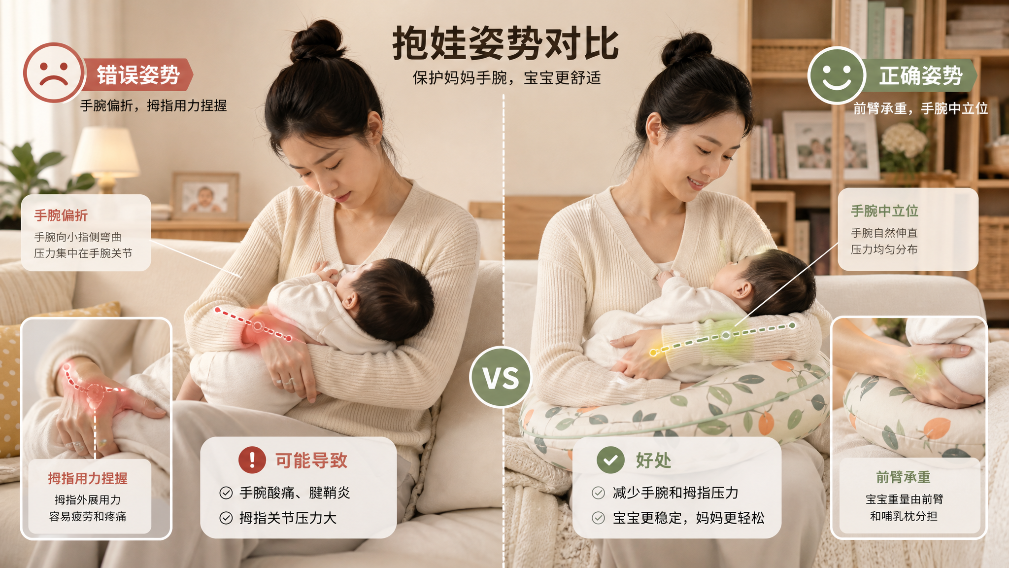 中国年轻妈妈在温馨居家客厅里示范抱娃姿势对比的分镜插画/照片风格合成画面,左侧为错误姿势:手腕明显偏