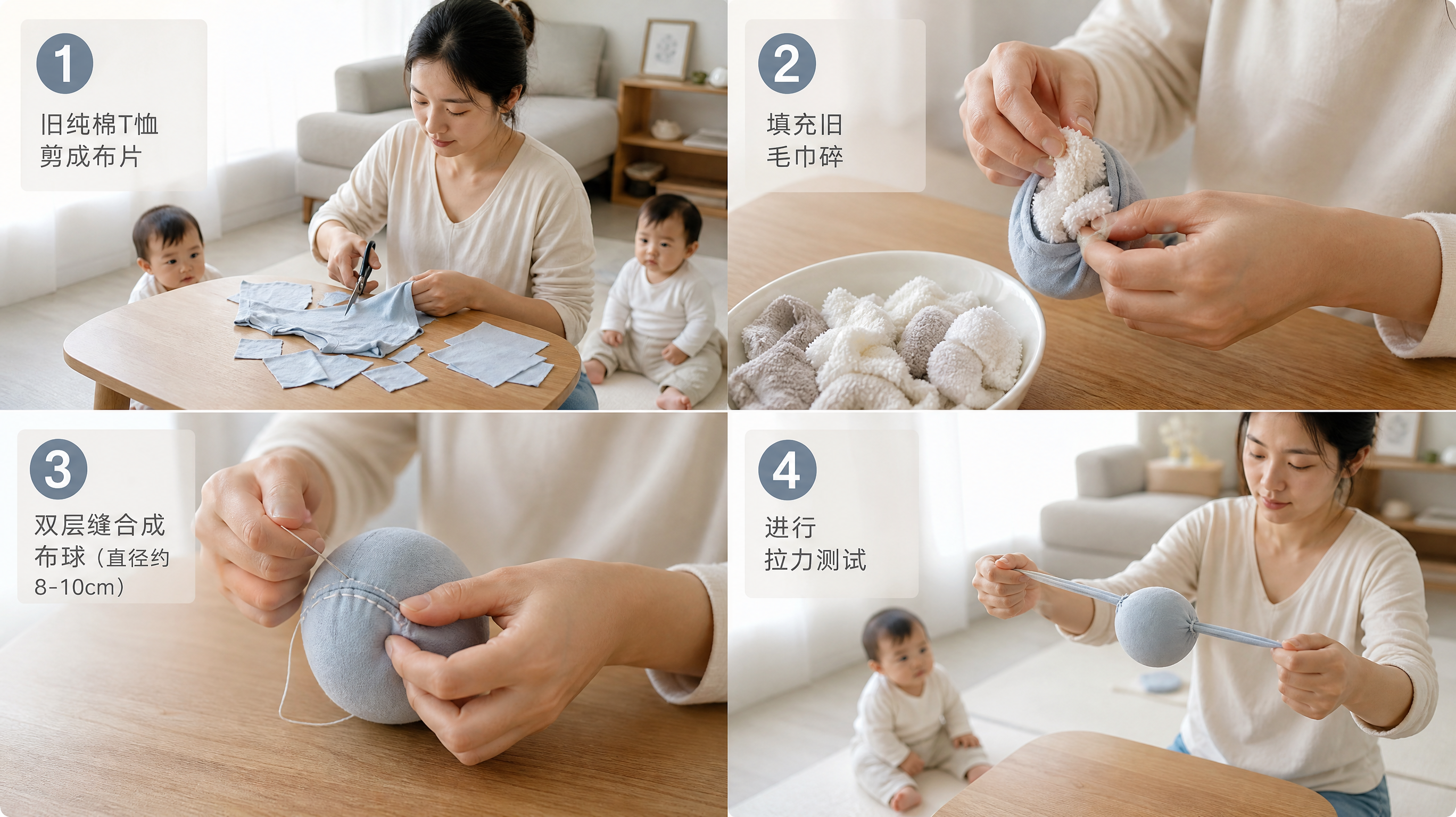 中国年轻妈妈在家庭客厅的桌面上制作布球，中国婴儿在旁边地垫上坐着看，画面展示旧纯棉T恤被剪成布片、填