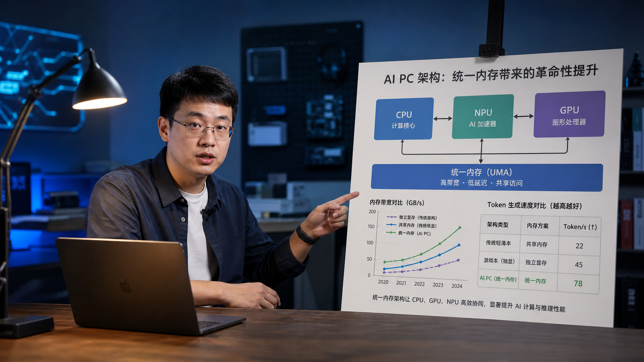 中国男性科技博主在桌面工作室里讲解 AI PC 原理,人物坐在桌前用手指向一张大幅示意图海报,海报上
