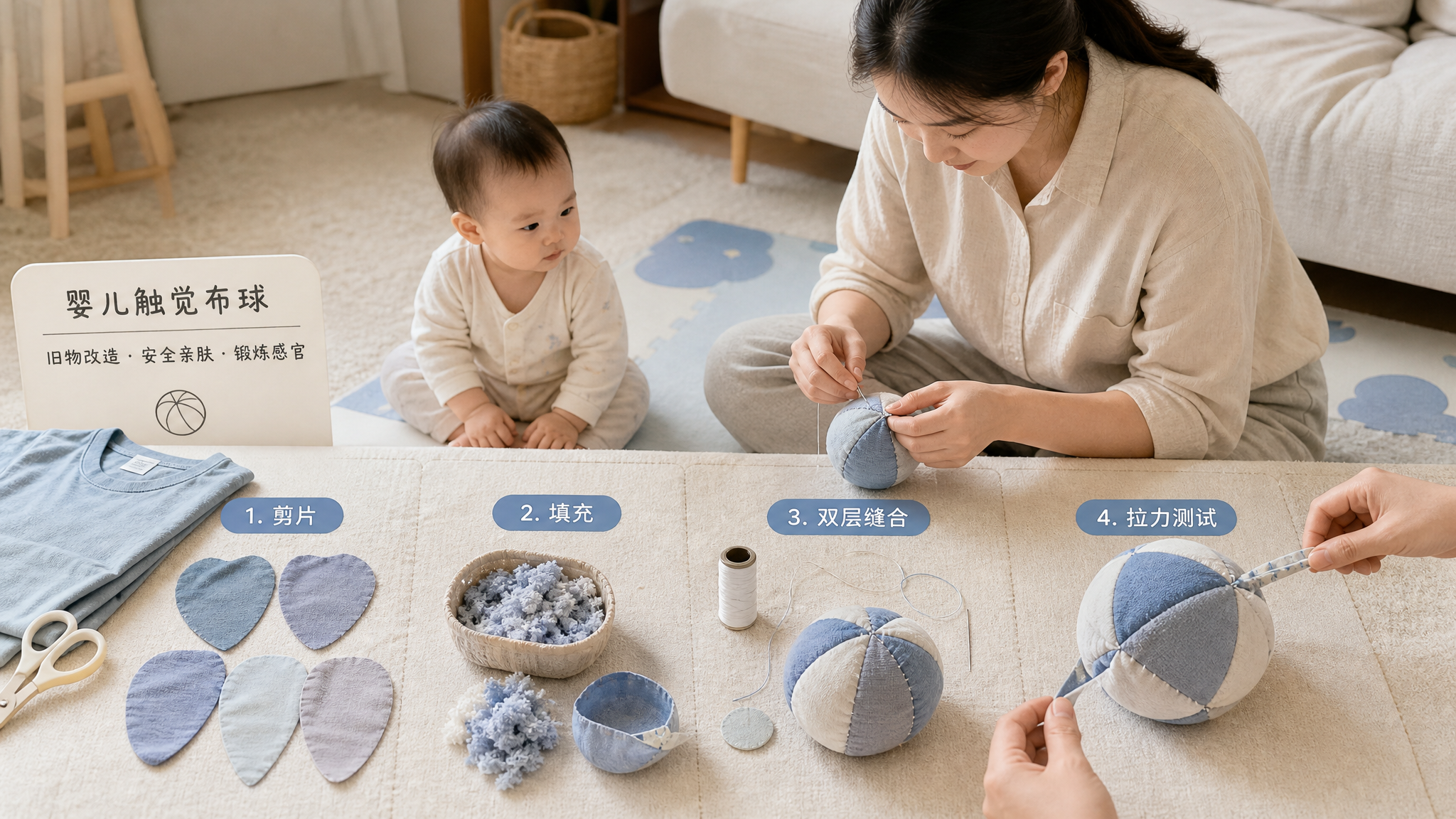 中国年轻妈妈在明亮整洁的家庭客厅地毯上制作婴儿触觉布球的过程,中国妈妈坐姿专注,旁边有一位中国婴儿(