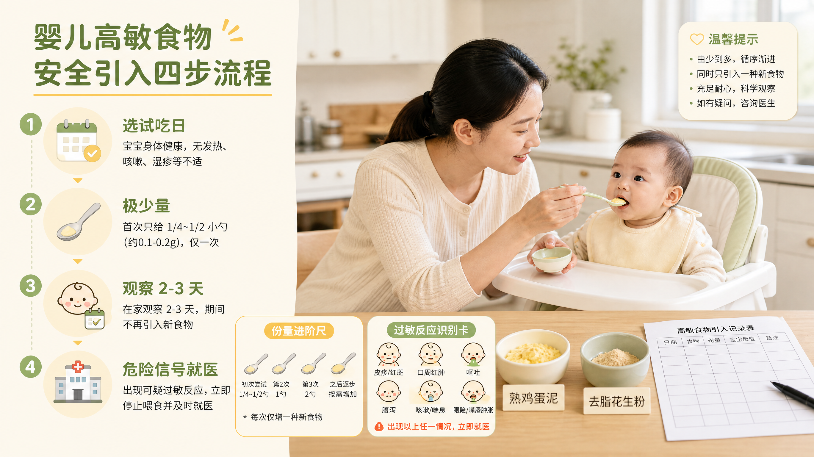 竖版信息图海报，主题为“婴儿高敏食物安全引入四步流程”，场景为明亮整洁的中国家庭厨房餐桌旁，中国年轻