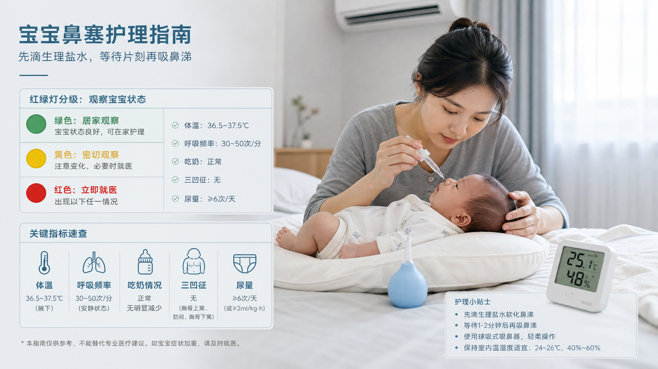 中国年轻妈妈在卧室的空调房里照顾中国新生儿,旁边放着温湿度计显示24-26℃与40-60%湿度,妈妈
