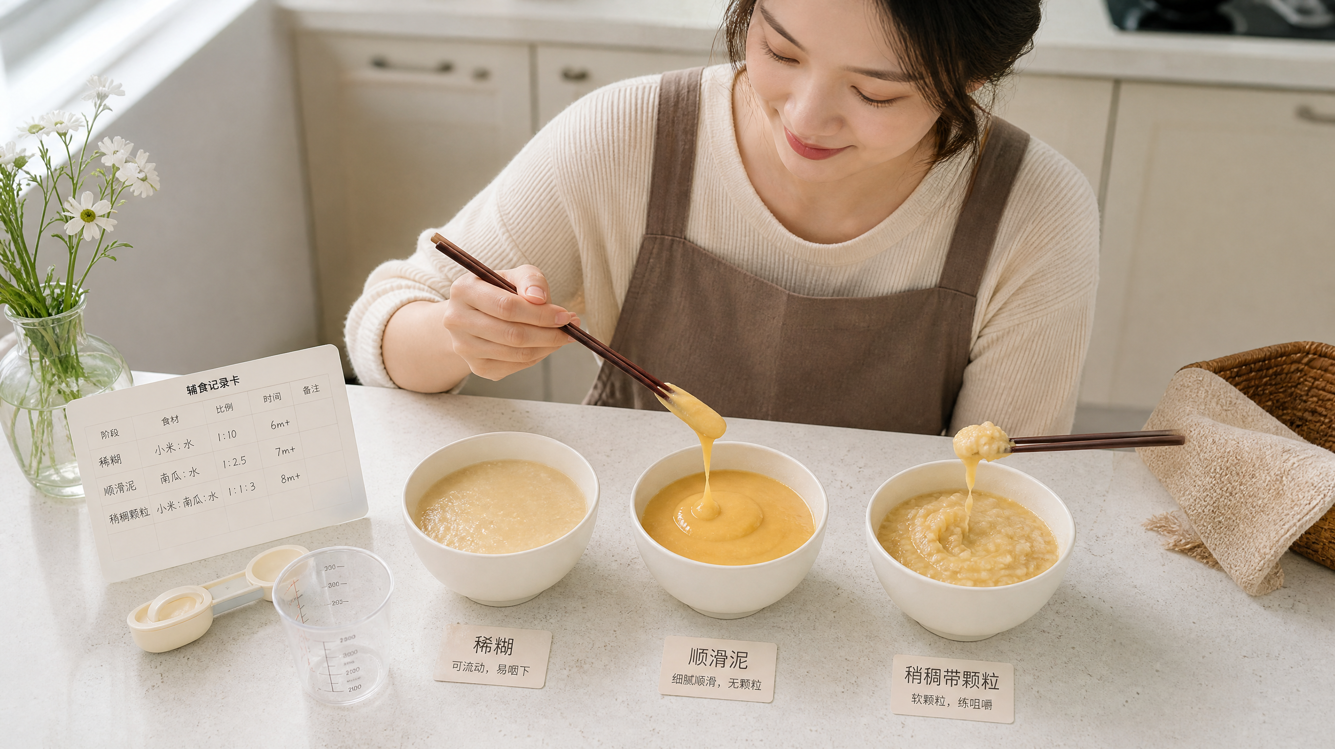 中国年轻妈妈在明亮整洁的家庭厨房台面前,使用一根筷子从碗里挑起三种不同稠度的辅食(稀糊、顺滑泥、稍稠