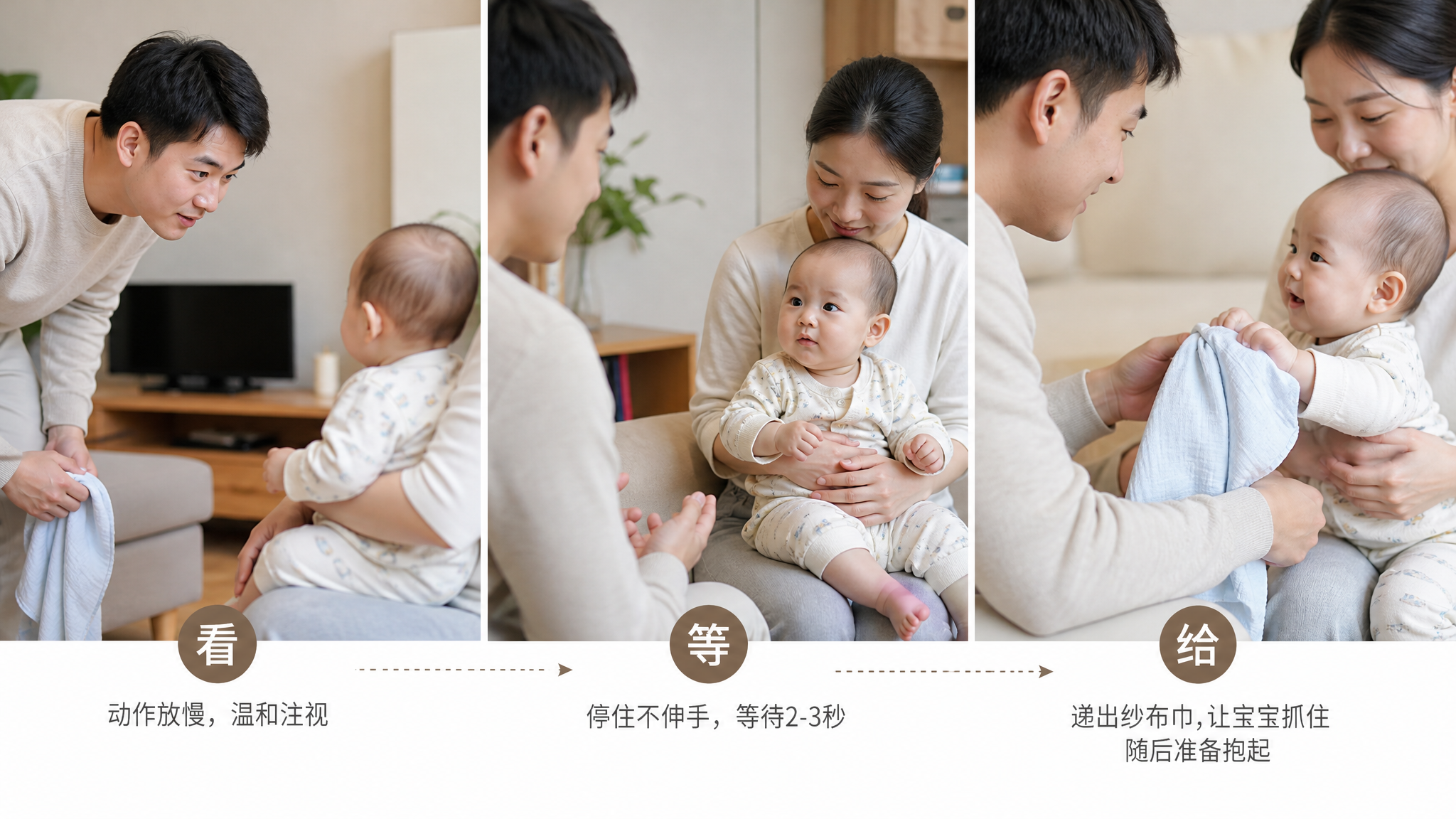 真实生活方式摄影风格，明亮整洁的中国家庭客厅场景，画面为三联分镜构图（左中右），展示照护交接三步：左