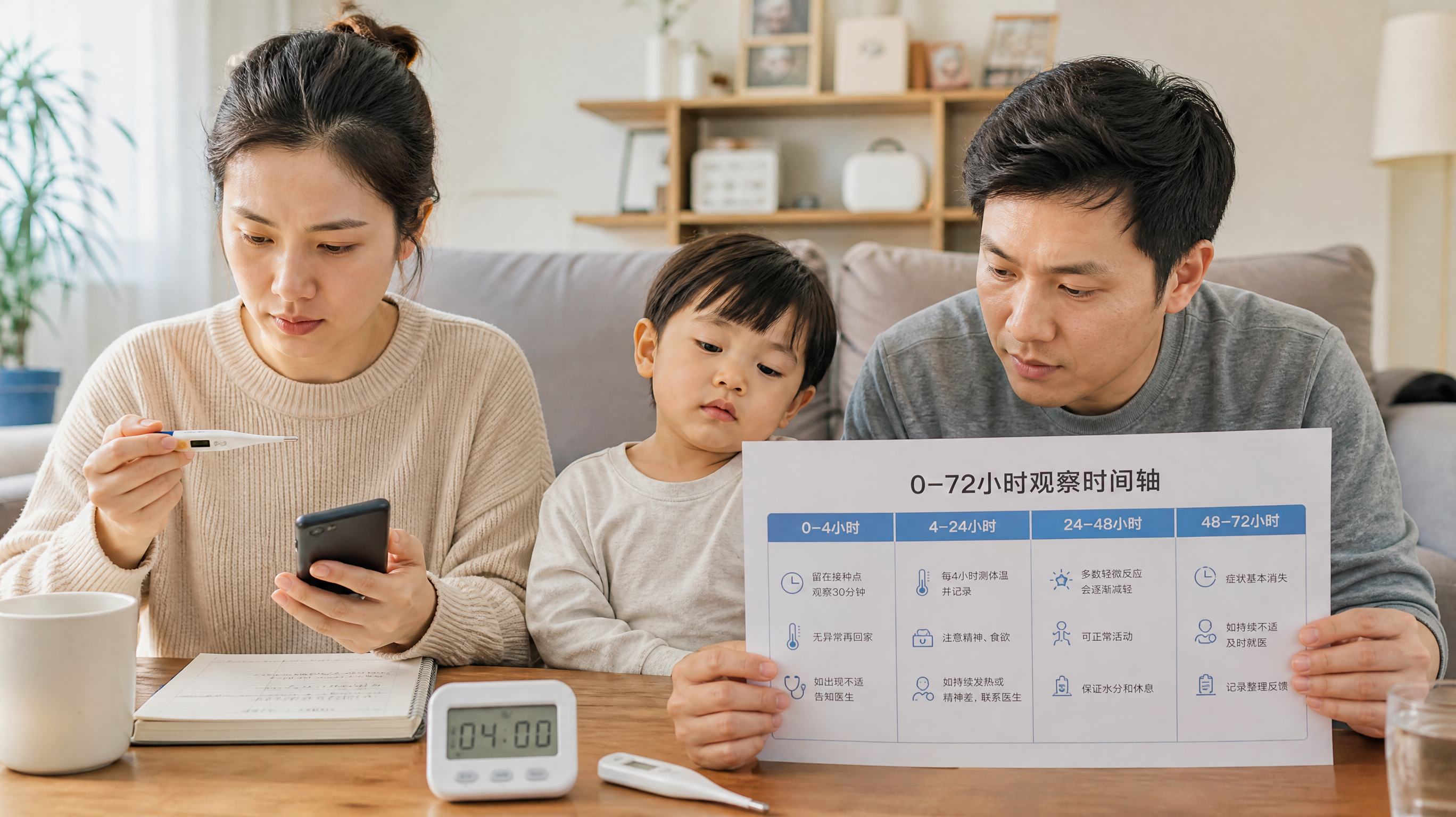 中国年轻父母在家中客厅照顾刚接种疫苗后的中国幼儿，妈妈一手拿体温计一手记录手机备忘录，爸爸在旁边对照