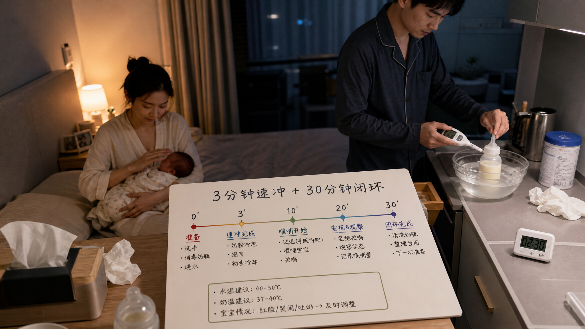 场景为夏季深夜的中国家庭卧室与连通小厨房一角,人物为中国年轻妈妈和中国年轻爸爸,妈妈坐在床边轻拍襁褓