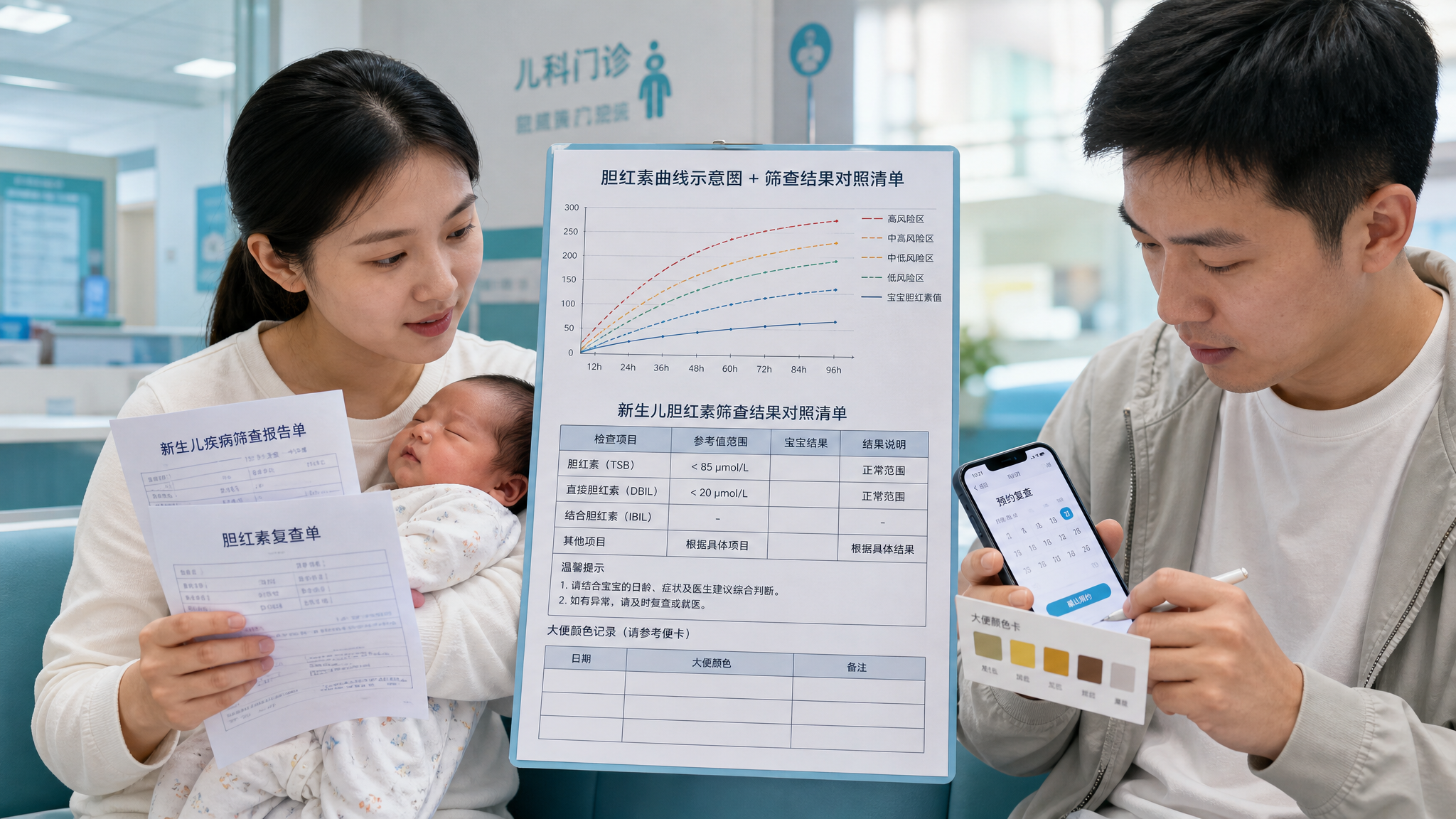 场景为医院儿科门诊的候诊区与诊室交界处,中国年轻妈妈和年轻爸爸抱着中国新生儿,妈妈手里拿着新生儿疾病