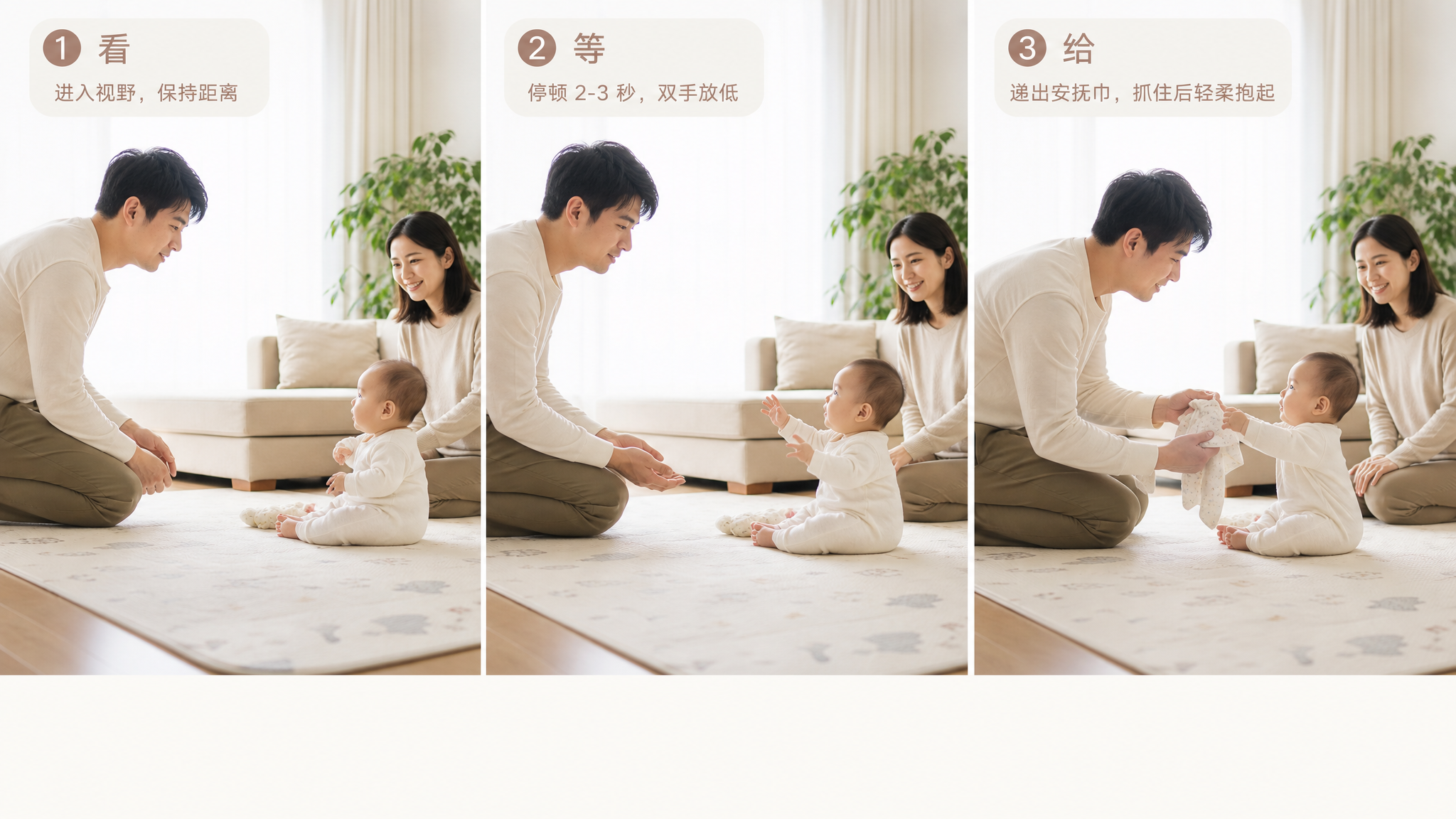 真实生活方式摄影风格,明亮整洁的中国家庭客厅内,三格分镜构图(左中右),展示“看-等-给”交接流程;
