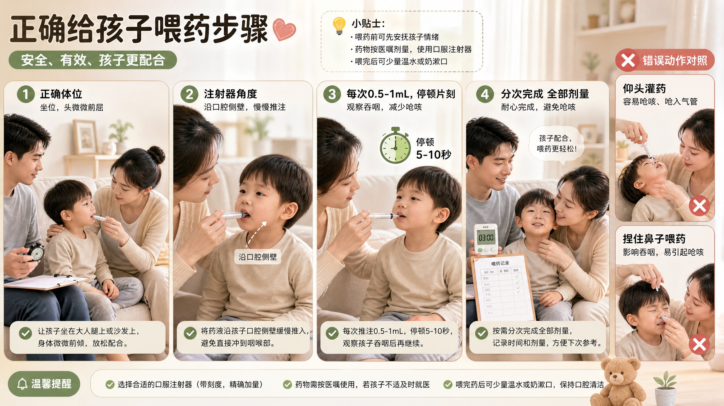 中国年轻父母在家中明亮整洁的客厅里给中国幼儿喂药的科普场景，孩子坐在沙发上半坐位、头微微前屈，妈妈使
