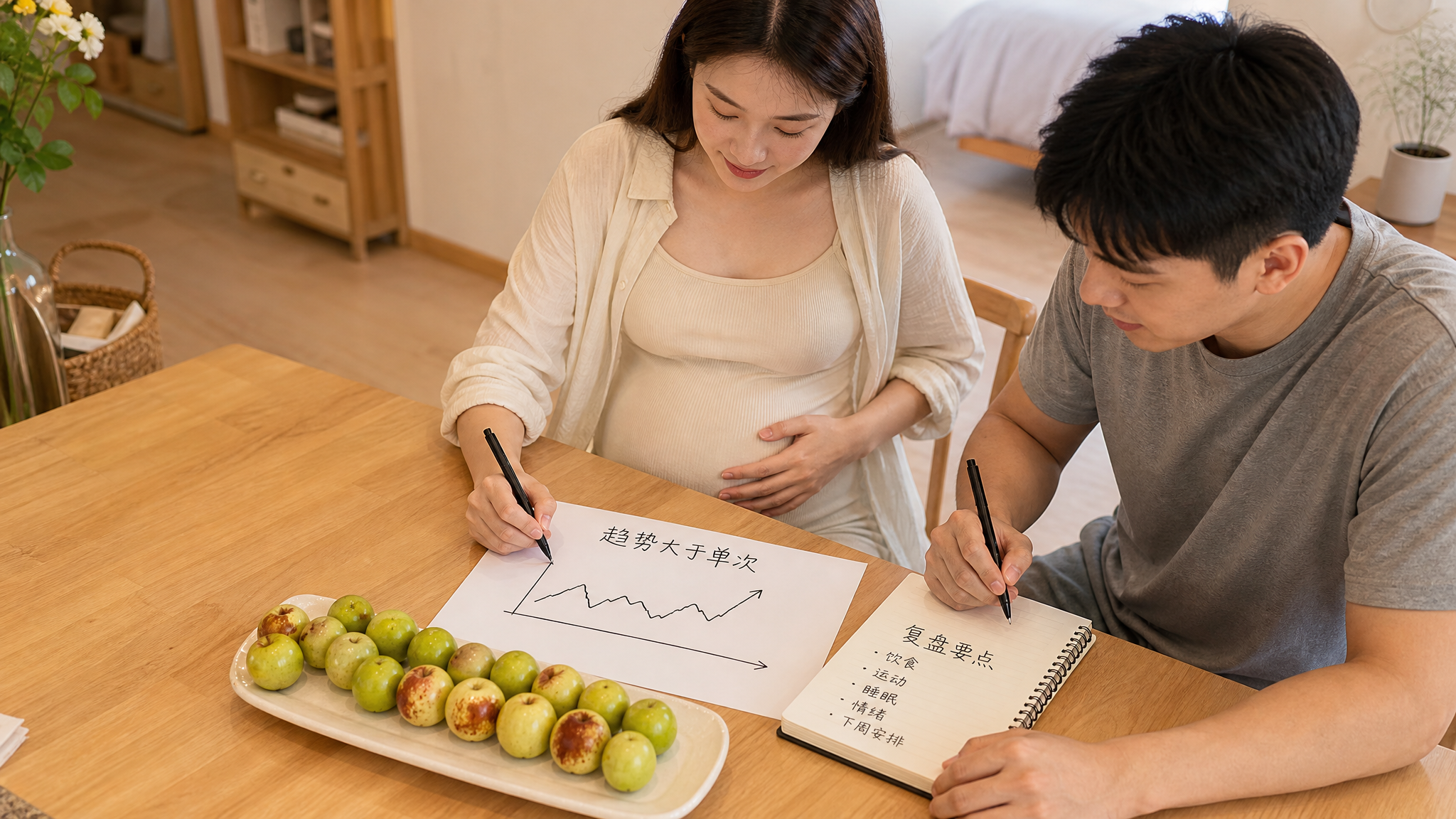 中国年轻孕妈在家中温暖明亮的餐桌旁，桌上摆放一盘早秋冬枣（青枣/冬枣）从偏瘦到更圆润的对比排列，孕妈