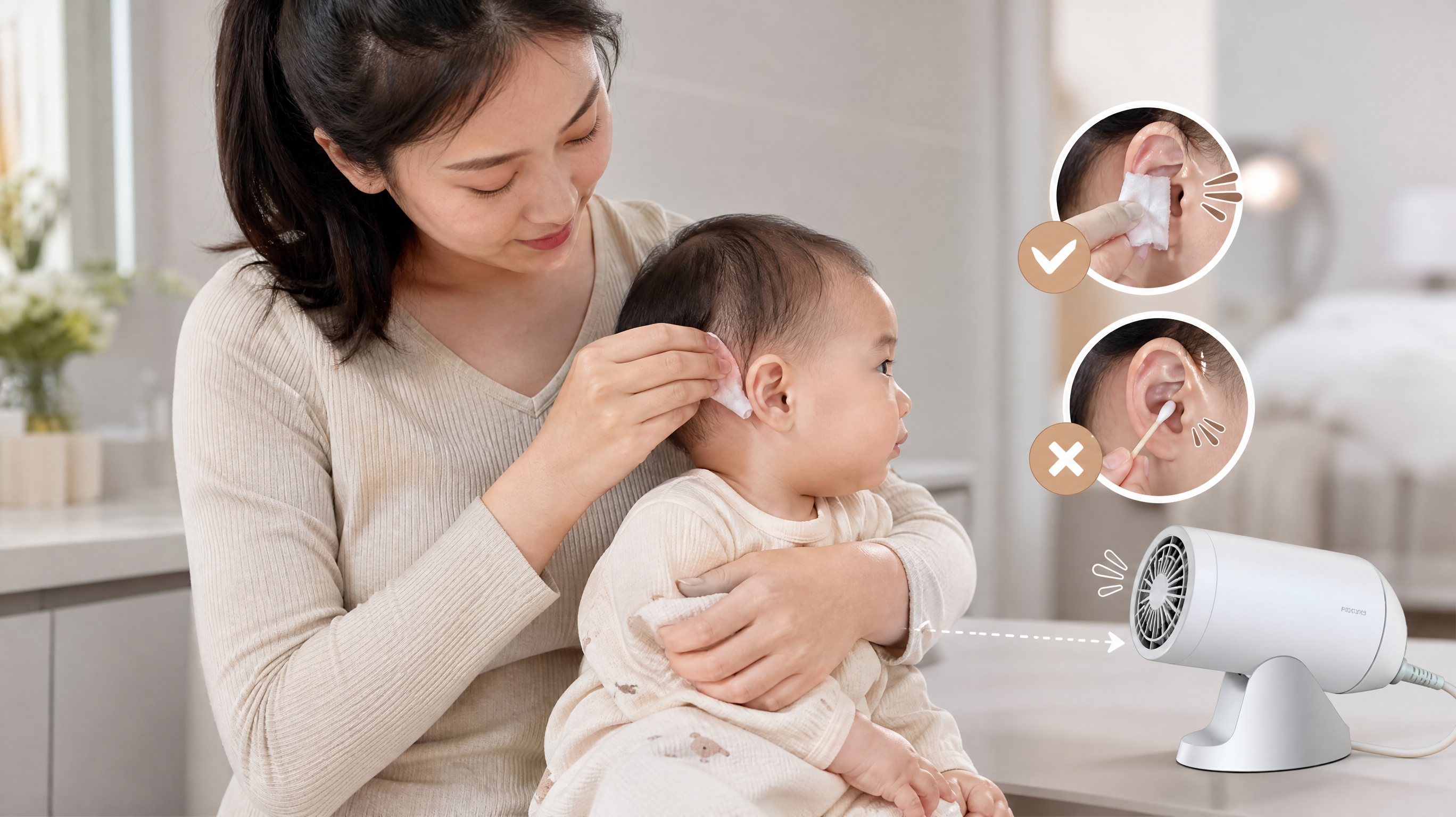 中国年轻妈妈在浴室外的明亮走廊/卧室给中国婴幼儿做耳后沟护理,宝宝侧头坐在妈妈怀里,妈妈一手轻轻将耳