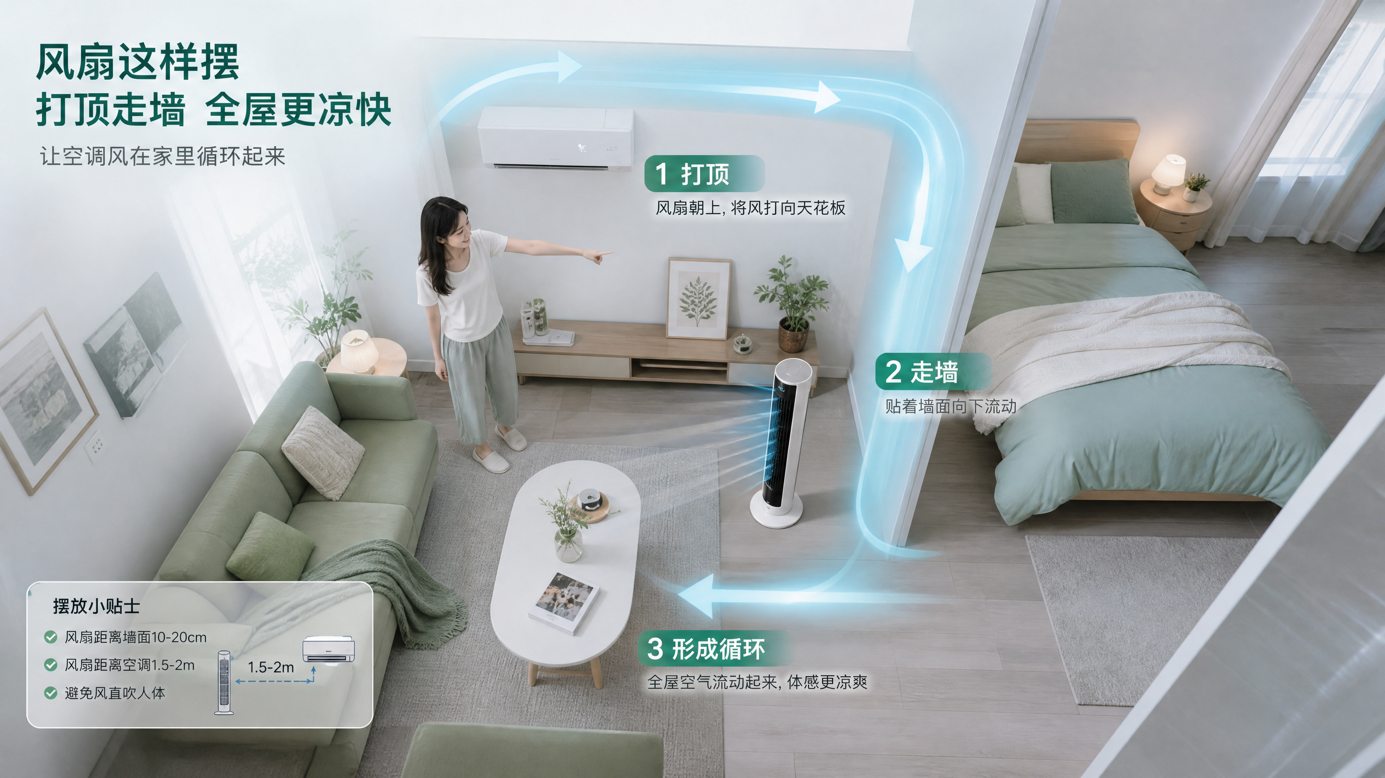 空调不凉还闷？风扇摆错了：小户型环流摆位3步走
