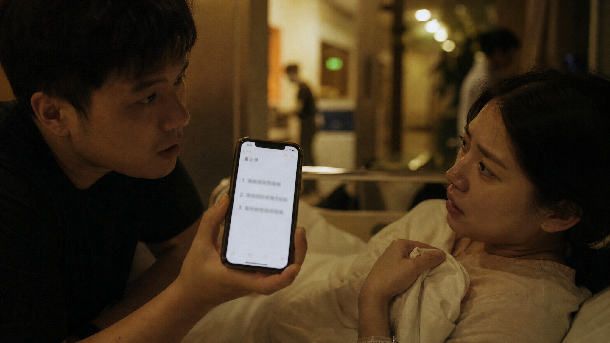 中国年轻夫妻在医院待产室外的昏黄走廊里，夏夜闷热氛围，丈夫站在妻子床边轻声说话，手持手机打开备忘录（