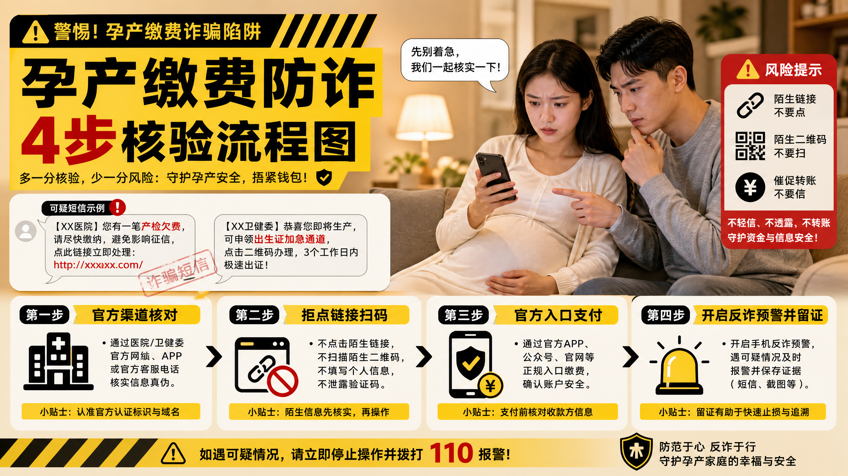 竖版信息图海报场景，中心主体为“孕产缴费防诈4步核验流程图”，以聊天气泡还原可疑短信内容（如“产检欠