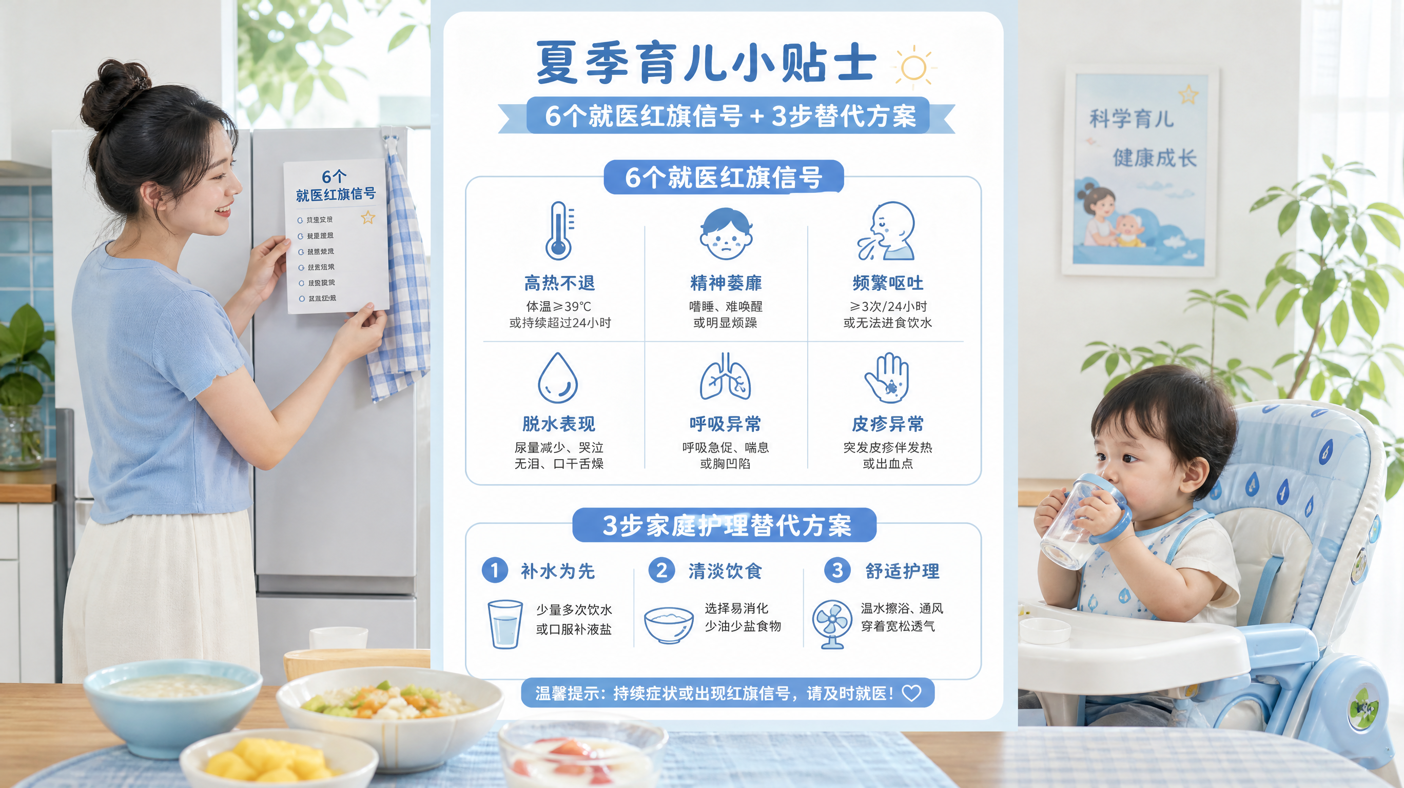 蓝白配色的夏日健康育儿信息图风格场景，中国年轻妈妈在明亮的厨房餐桌旁，手里拿着一张“6个就医警示信号