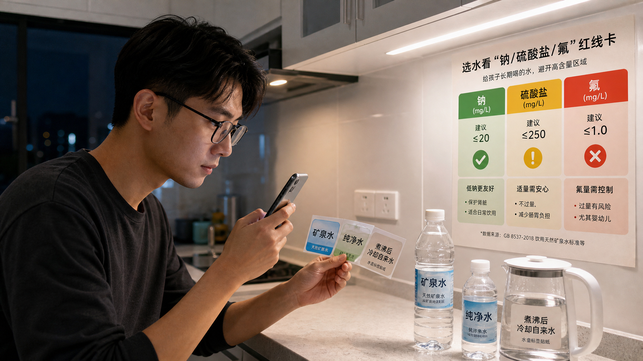 中国年轻爸爸在夜晚的厨房台面前,手里拿着三种水的瓶身标签(矿泉水、纯净水、煮沸后冷却自来水的水壶标签
