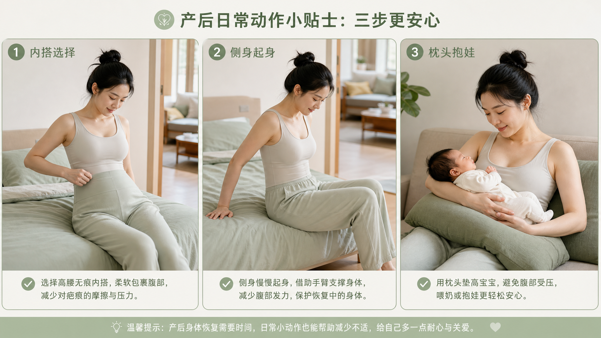 中国年轻妈妈在家中卧室与客厅交界处的日常场景，产后妈妈穿着高腰无痕内搭与宽松家居裤，轻柔侧身从床边坐