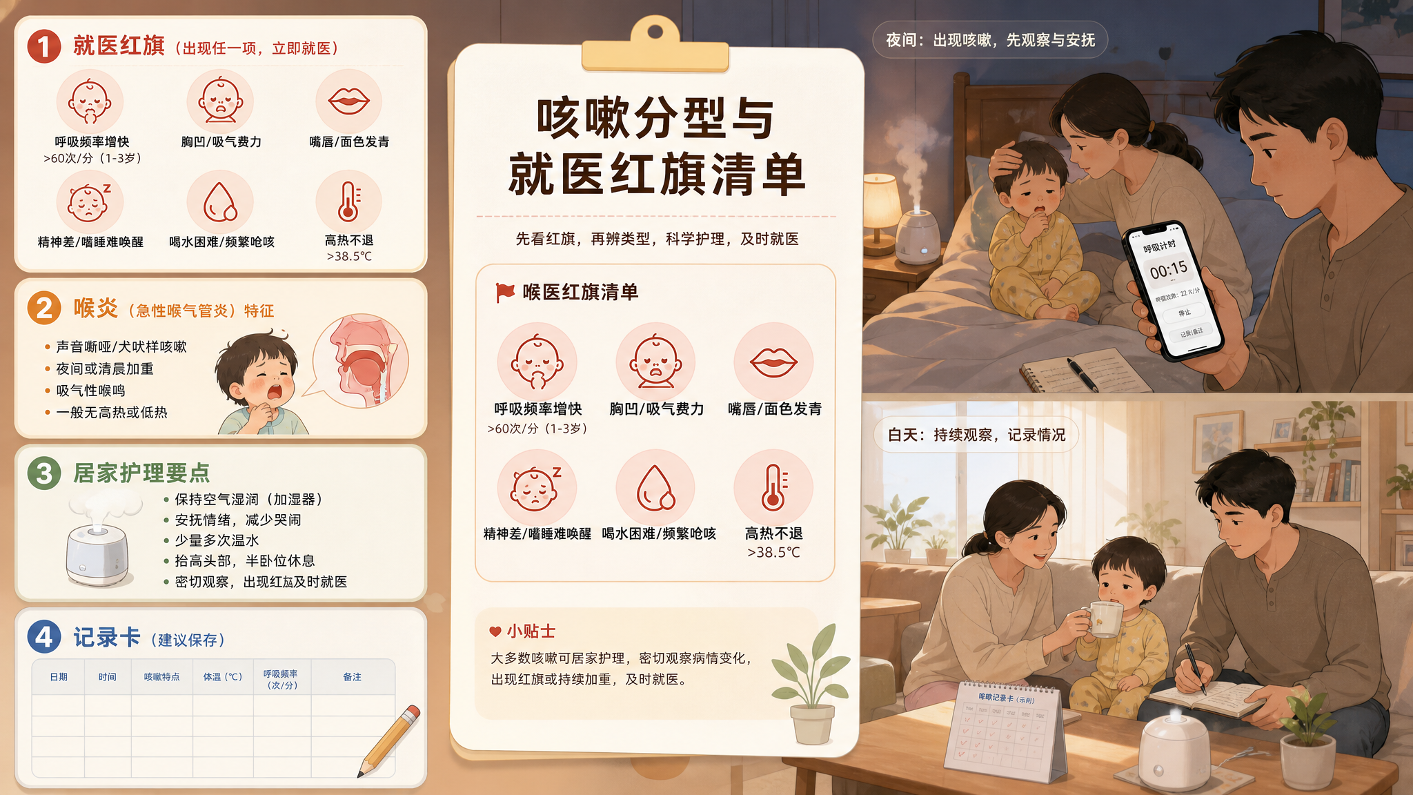 四格信息图风格插画，场景为中国家庭卧室夜间与白天客厅切换；人物为中国年轻父母与1-3岁中国幼儿，妈妈