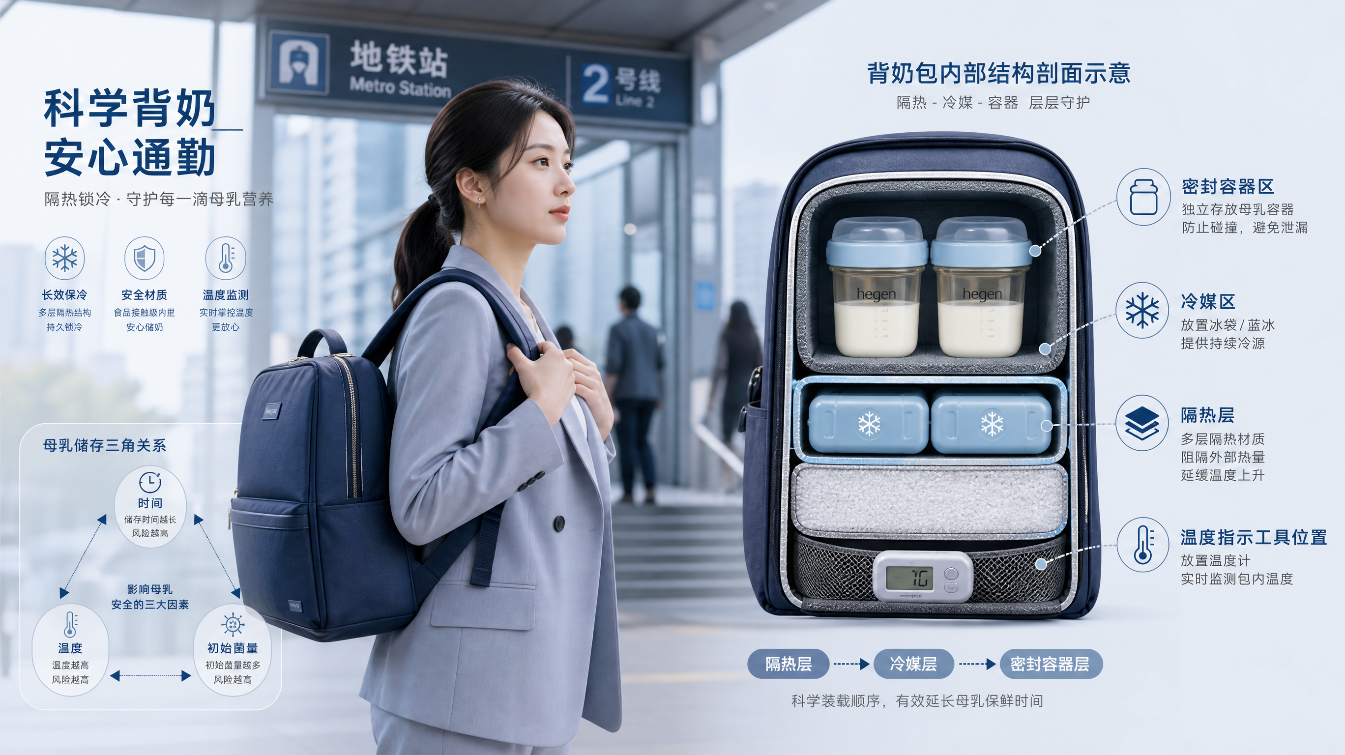 冷色系工程风信息图风格画面,中国年轻职场妈妈在地铁站入口处背着背奶包,手扶背带,表情专注但不焦虑;画