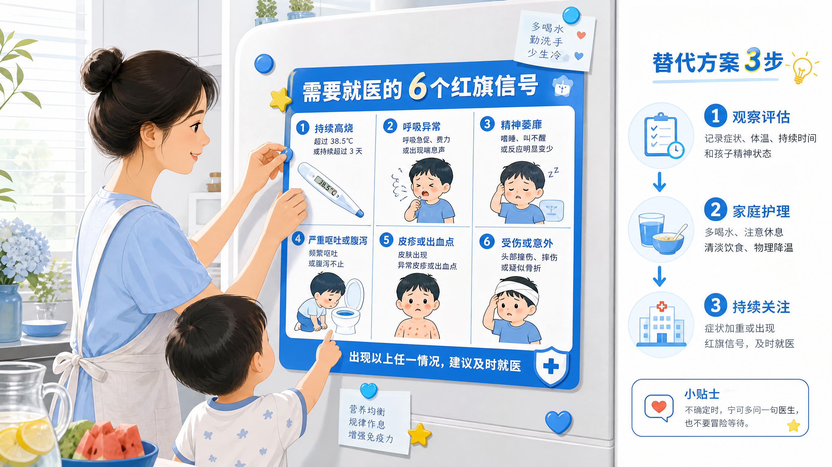 蓝白清爽配色的信息海报风插画，一张画面分成6宫格展示“需要就医的6个警示信号”，旁边配一个简洁的“替