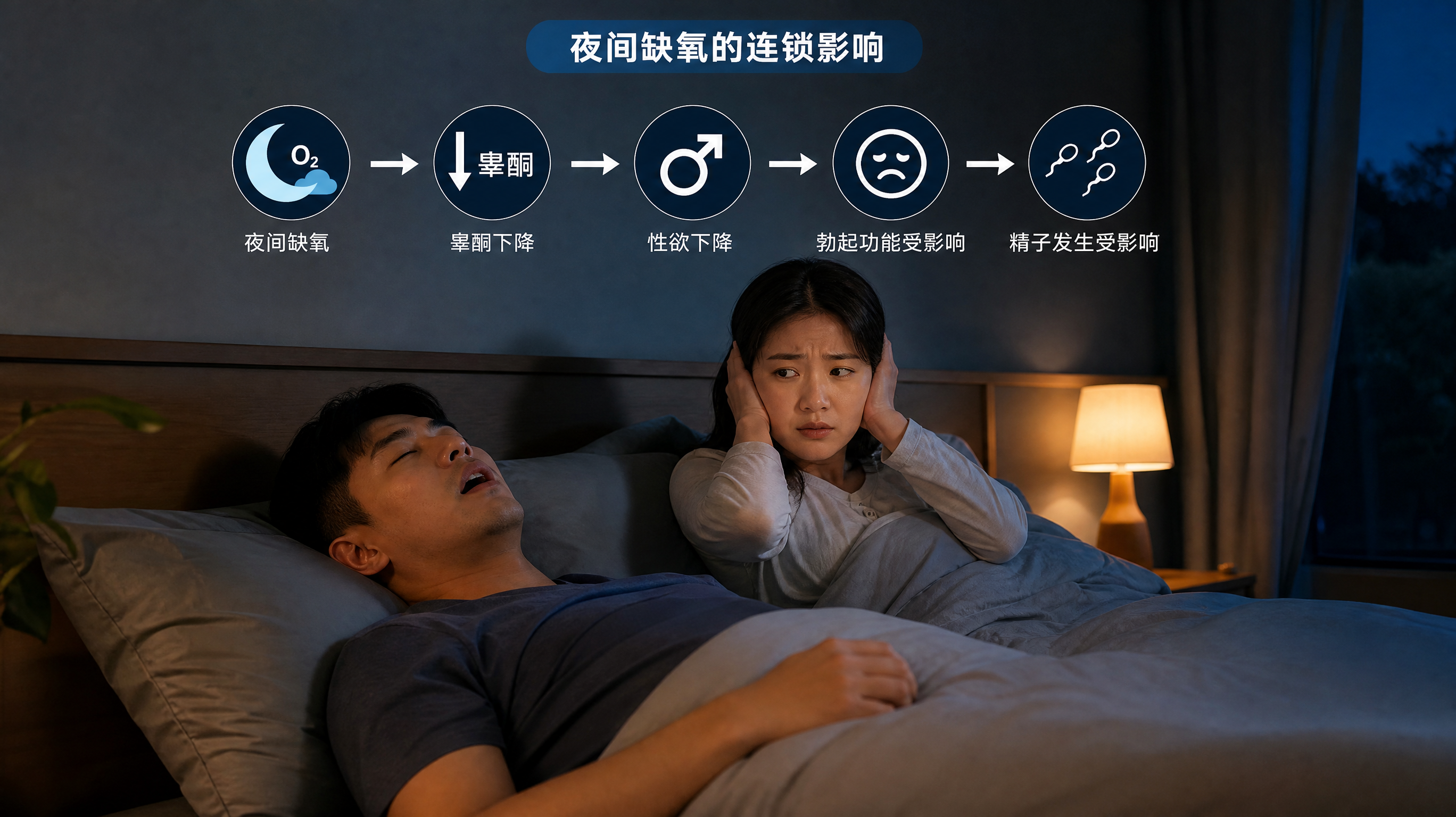 深秋夜晚的卧室场景,中国年轻夫妻在床上睡觉,男性仰卧轻微张口打鼾,旁边女性半坐起捂耳但表情克制担忧,